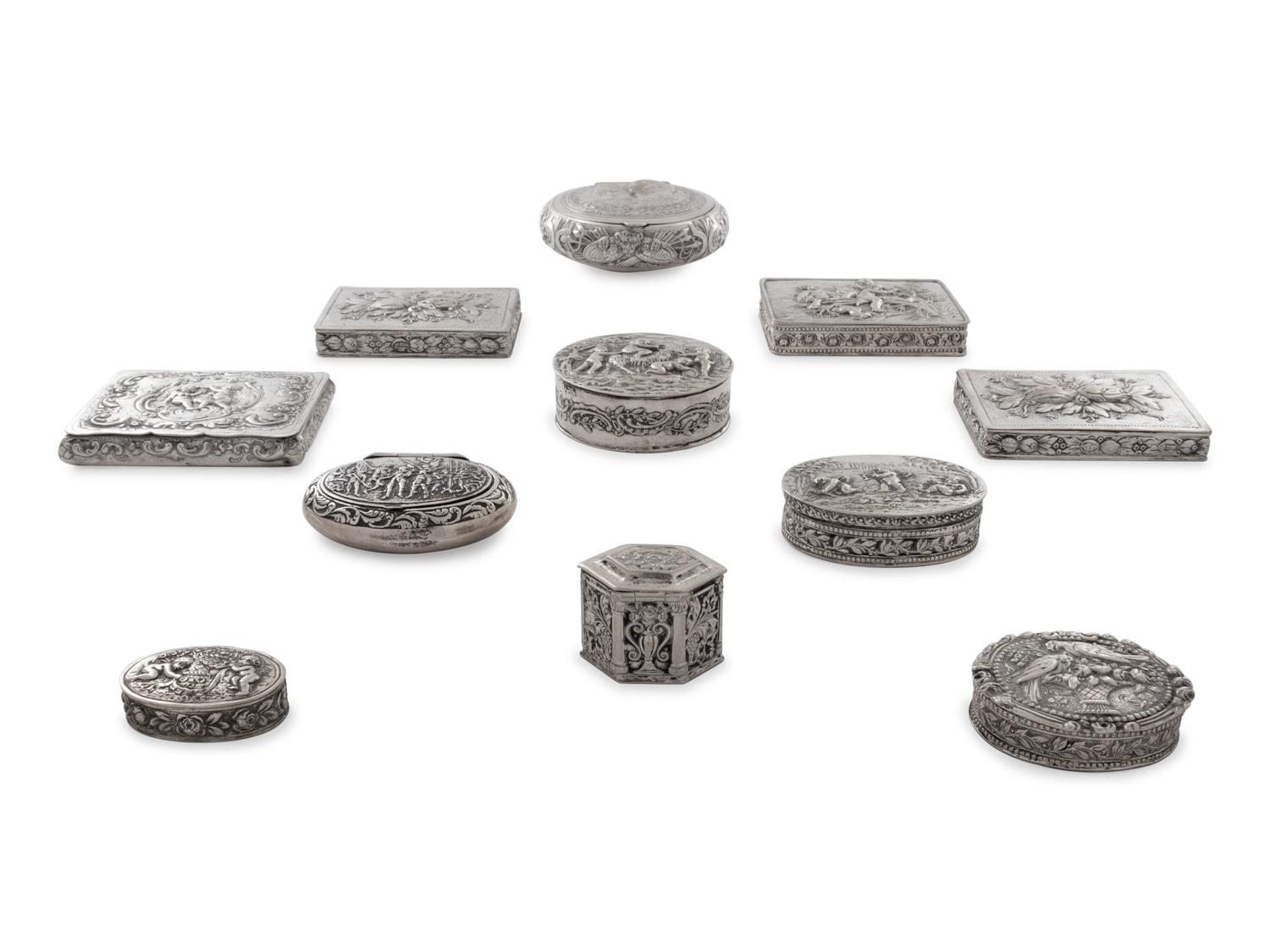 Nine Continental Silver Snuff Boxes and Small Cases