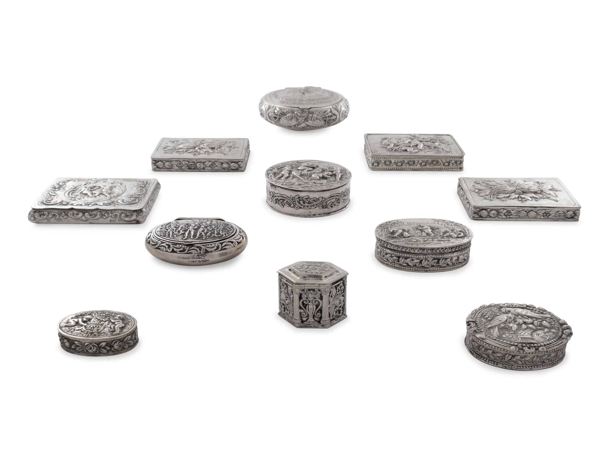 Nine Continental Silver Snuff Boxes and Small Cases
