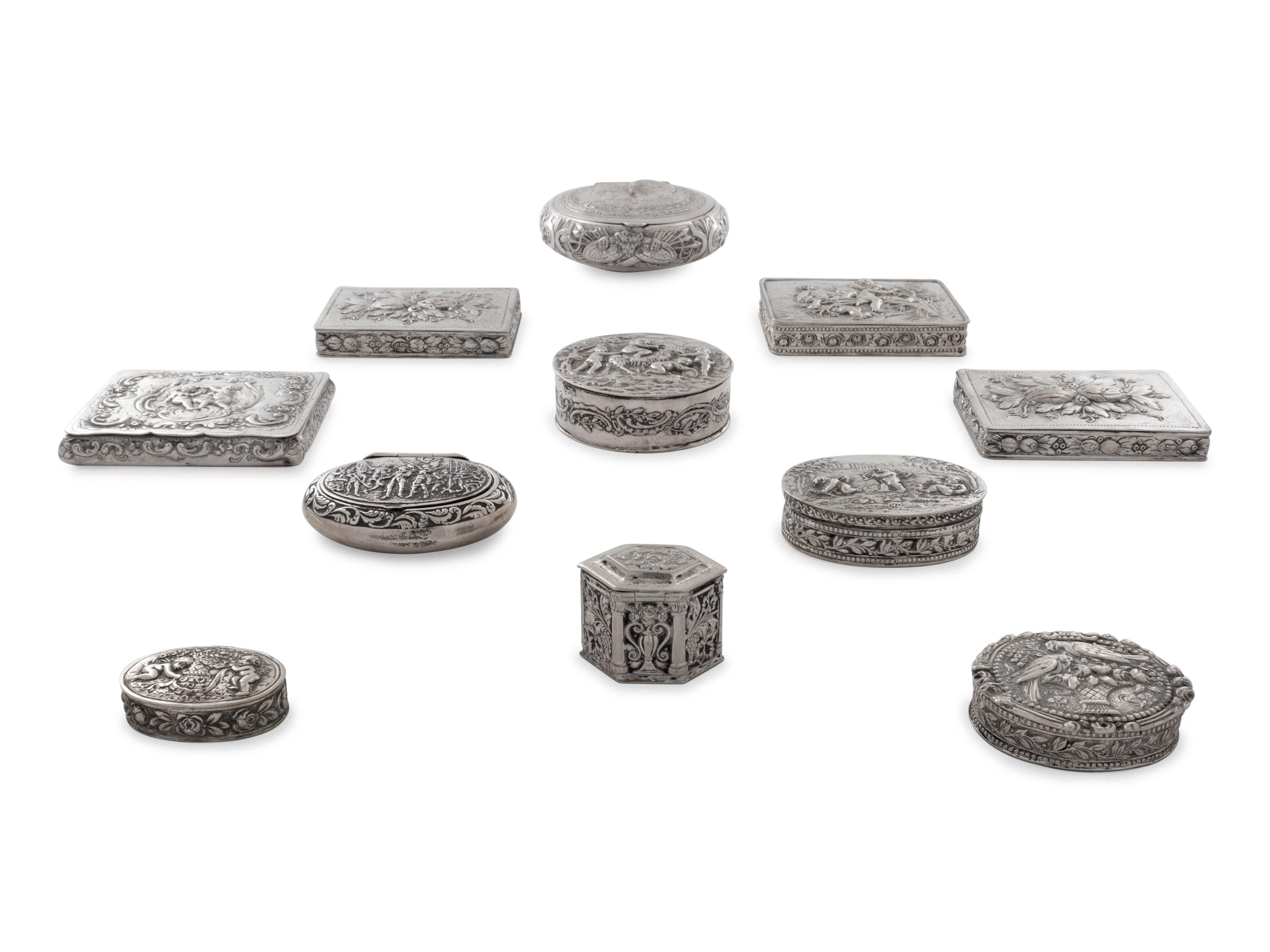 Nine Continental Silver Snuff Boxes and Small Cases