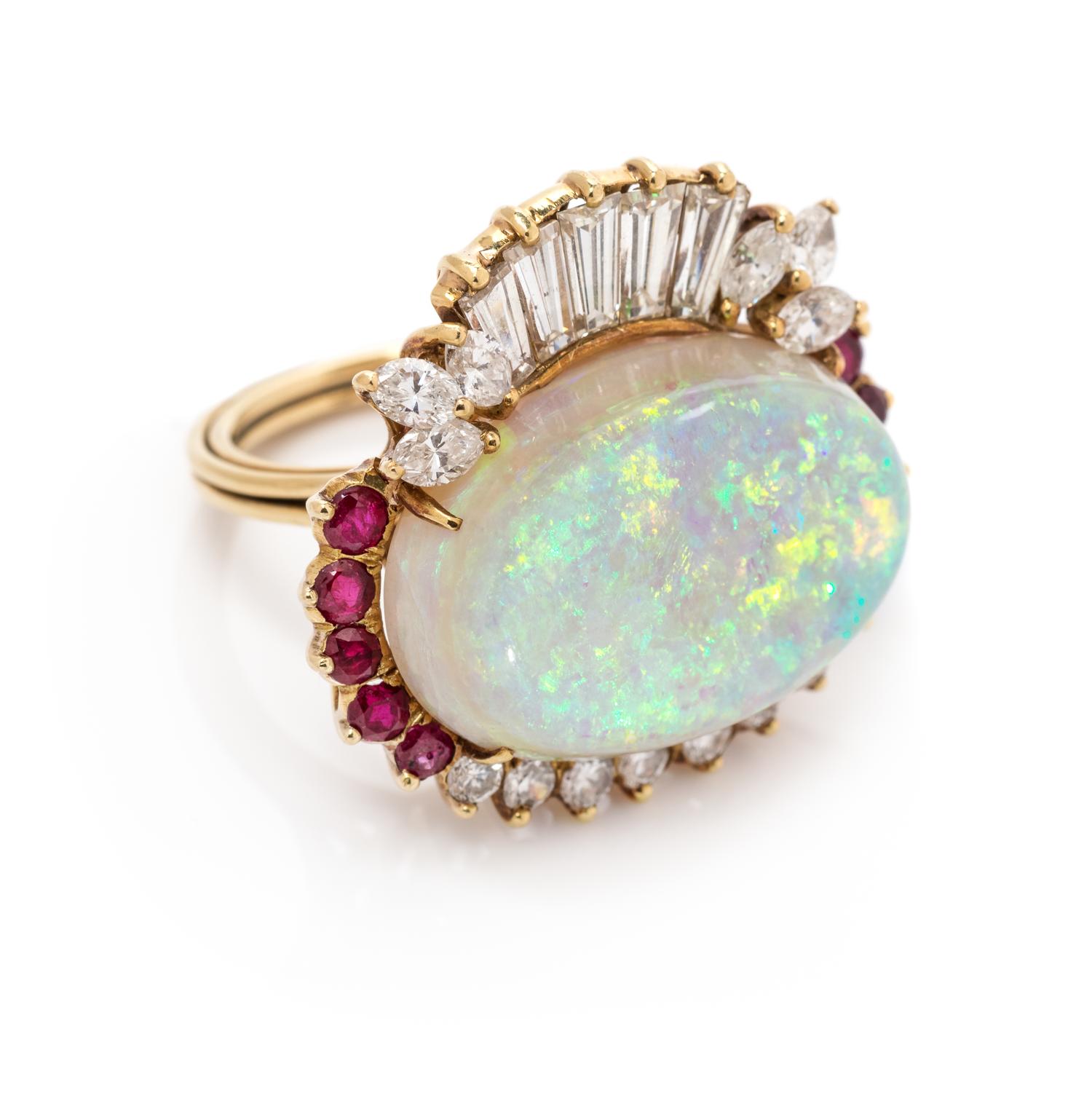 A Yellow Gold, Opal, Diamond and Ruby Ring,