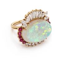 A Yellow Gold, Opal, Diamond and Ruby Ring,