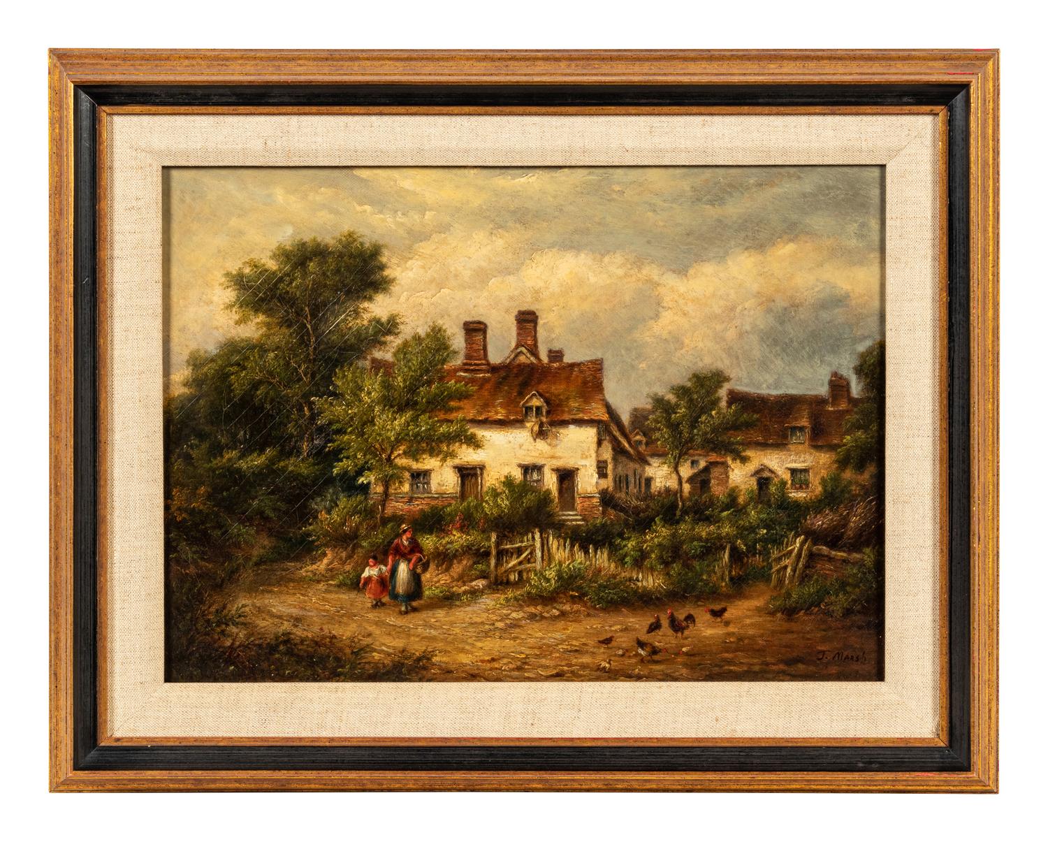 A Woman and a Child Walking Beside a Cottage