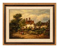 A Woman and a Child Walking Beside a Cottage
