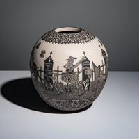 Hector Javier Martinez Mendez and Gabriela Periz de Martinez (Mata Ortiz, 20th century) — Black-on-Cream Sgraffito Pottery Jar, Remembering Artist Past - Day