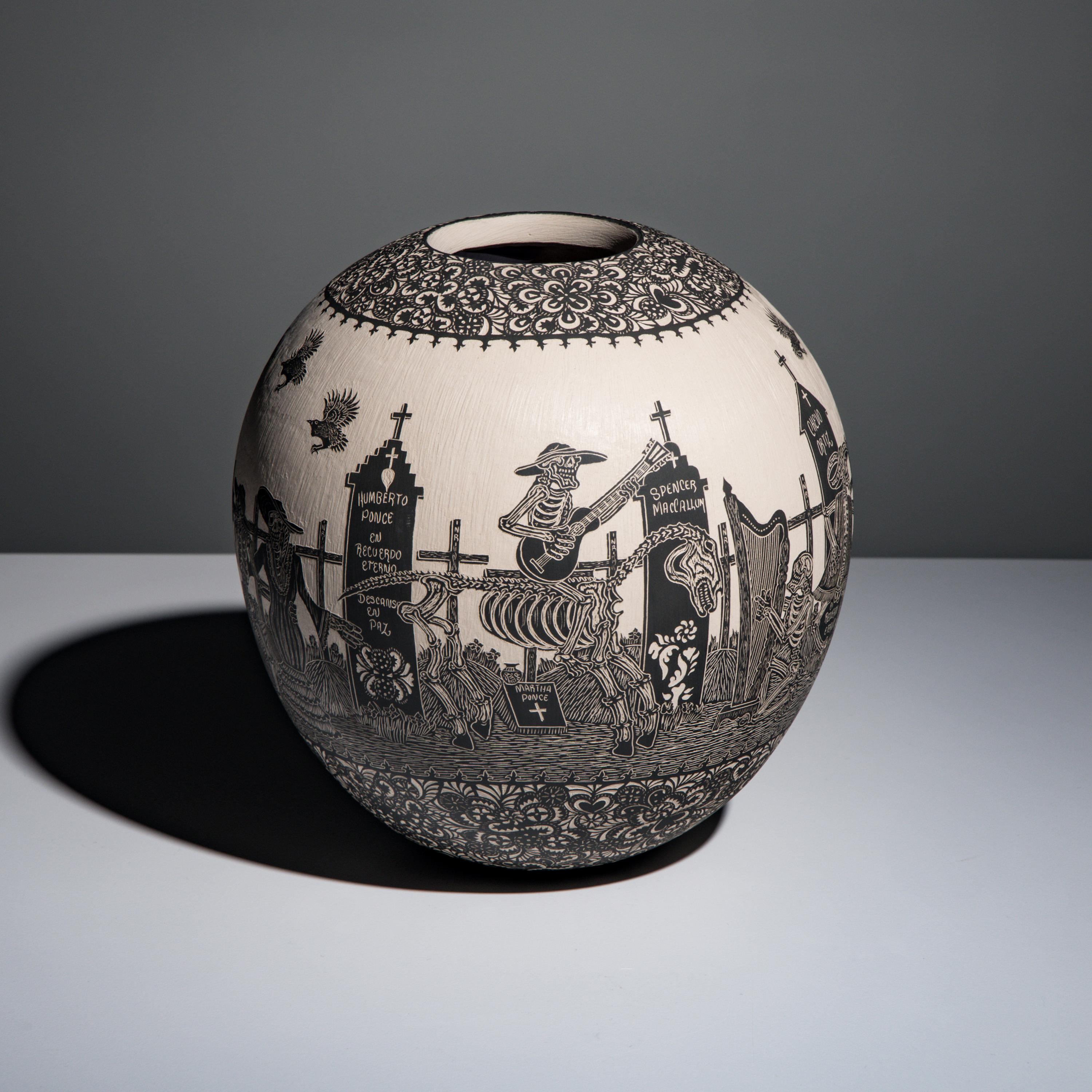 Hector Javier Martinez Mendez and Gabriela Periz de Martinez (Mata Ortiz, 20th century) — Black-on-Cream Sgraffito Pottery Jar, Remembering Artist Past - Day