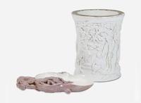 A Chinese molded and carved porcelain 'Pine' brushwasher and a "Workmen in a Landscape" brush pot, bearing mark of Wang Bingrong 瓷塑筆筒及筆洗 王炳榮款