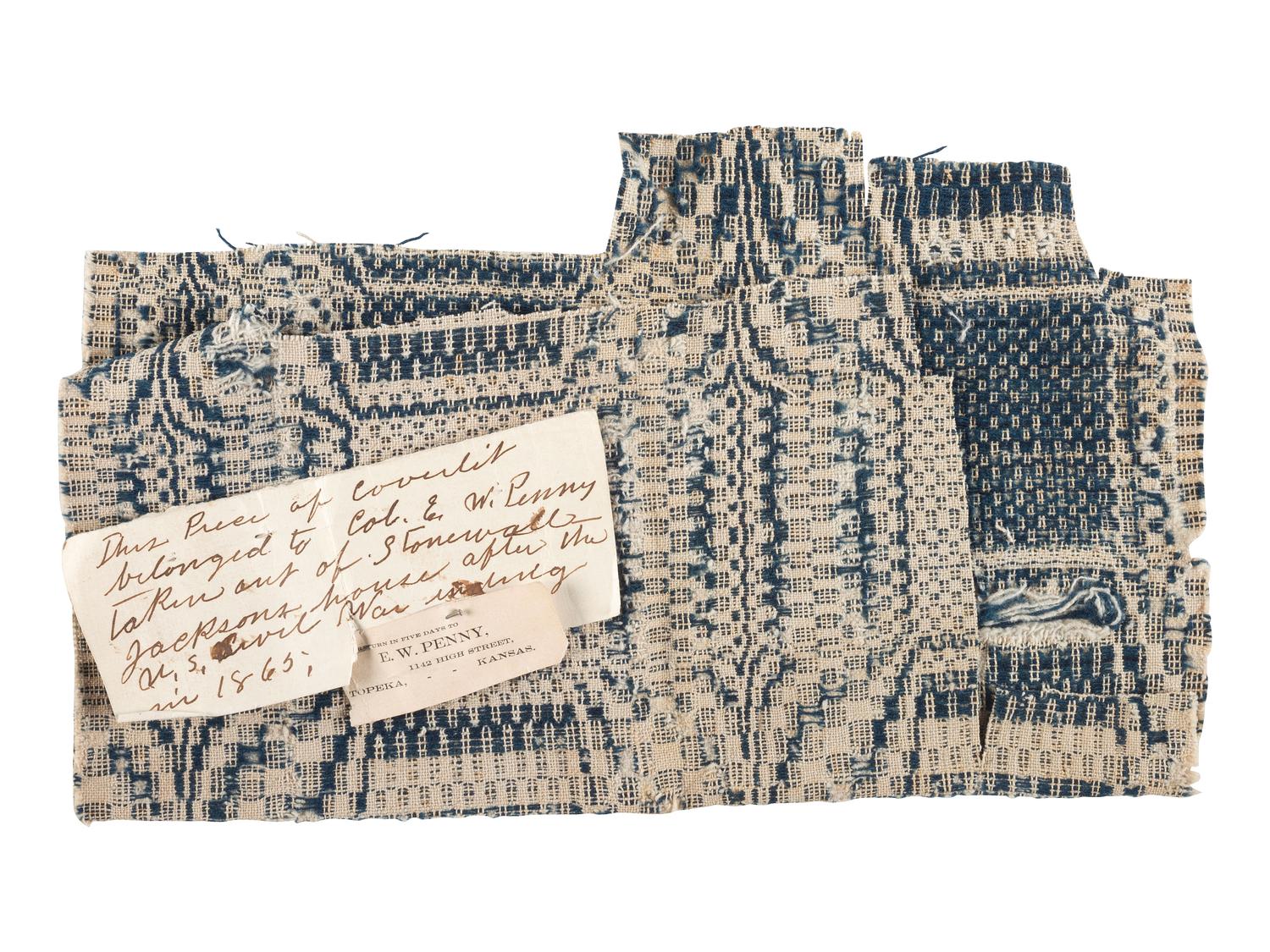[CIVIL WAR]. Pieces of coverlet taken from Stonewall Jackson's house during the Civil War by Colonel E.W. Penny, 130th Indiana Infantry.