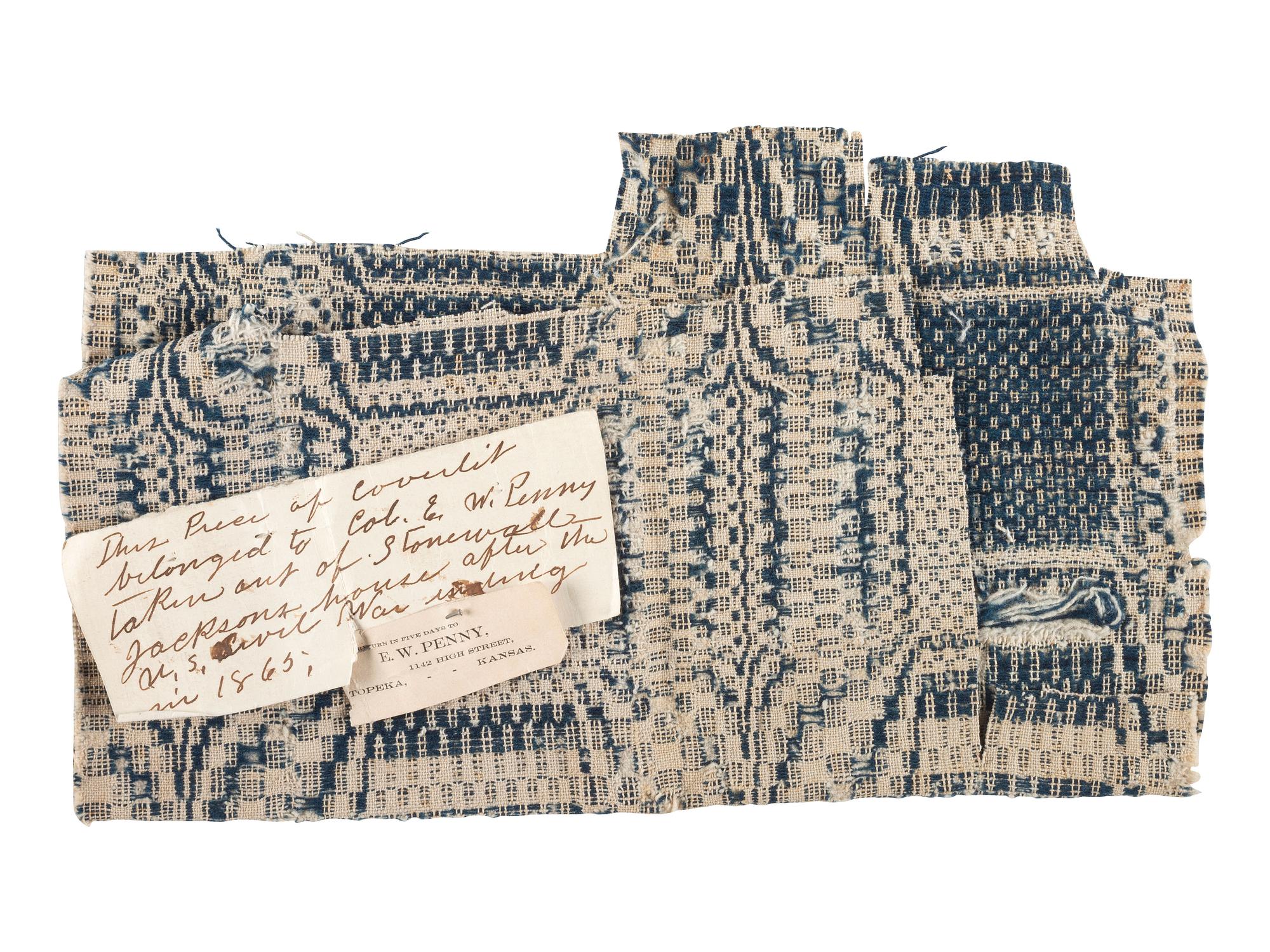 [CIVIL WAR]. Pieces of coverlet taken from Stonewall Jackson's house during the Civil War by Colonel E.W. Penny, 130th Indiana Infantry.