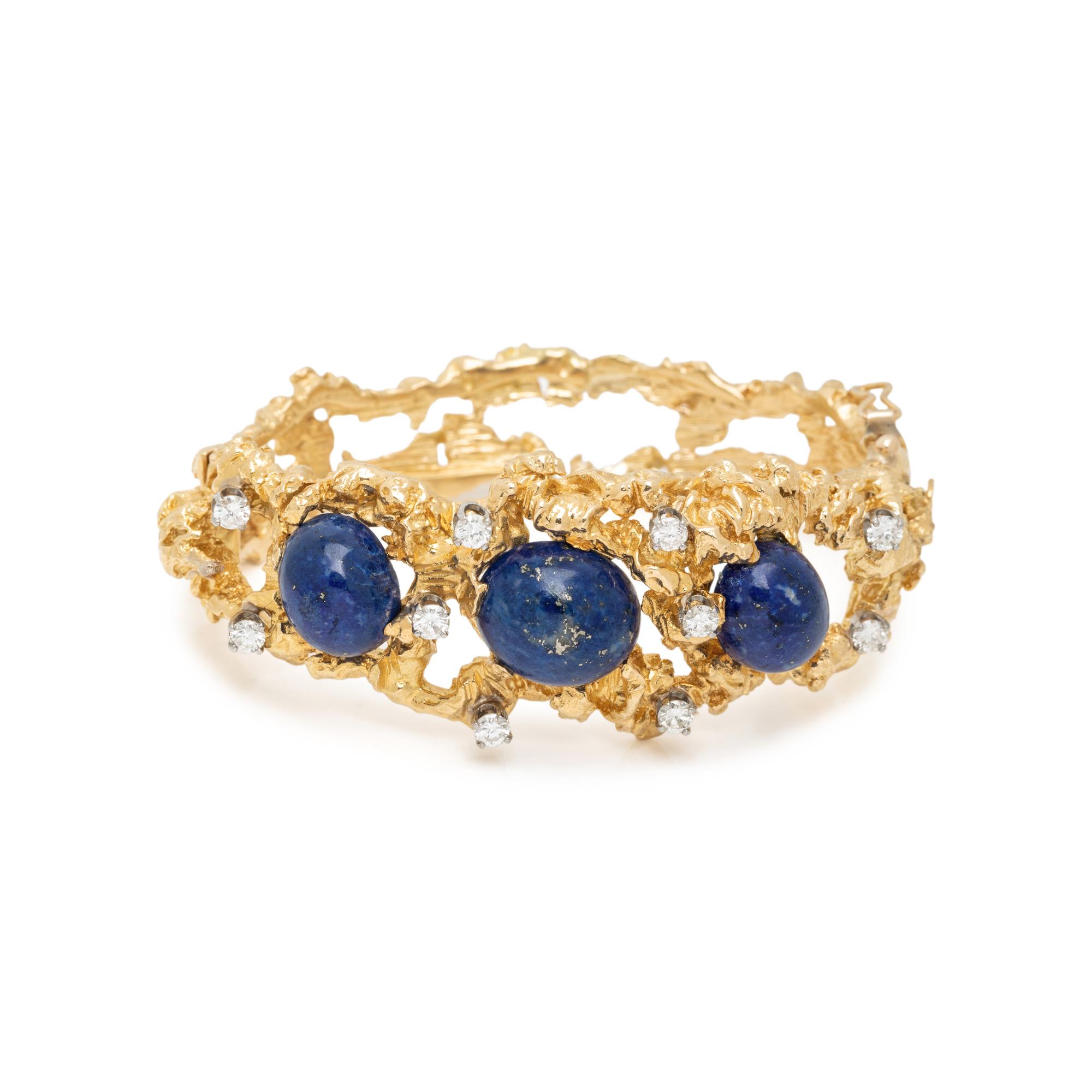 YELLOW GOLD, DIAMOND AND LAPIS LAZULI HINGED BANGLE BRACELET