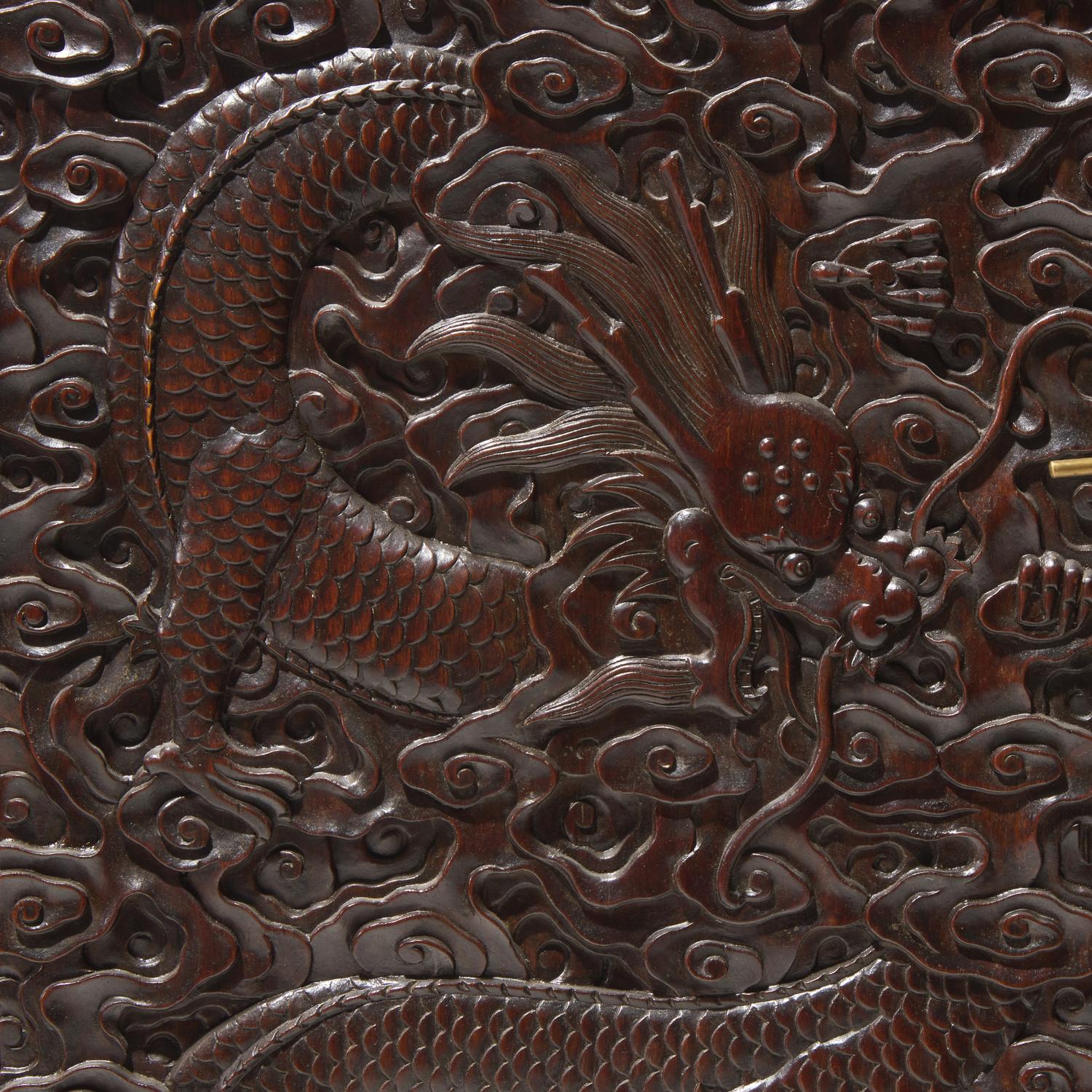 A Pair of Carved Hongmu "Dragons" Display Cabinets 紅木龍紋多宝格一對