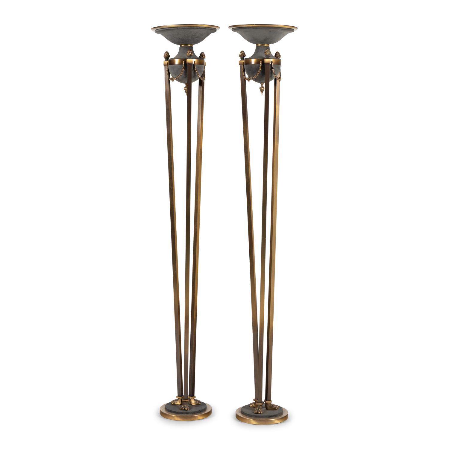 A Pair of Empire Style Brass and Glass Floor Lamps
