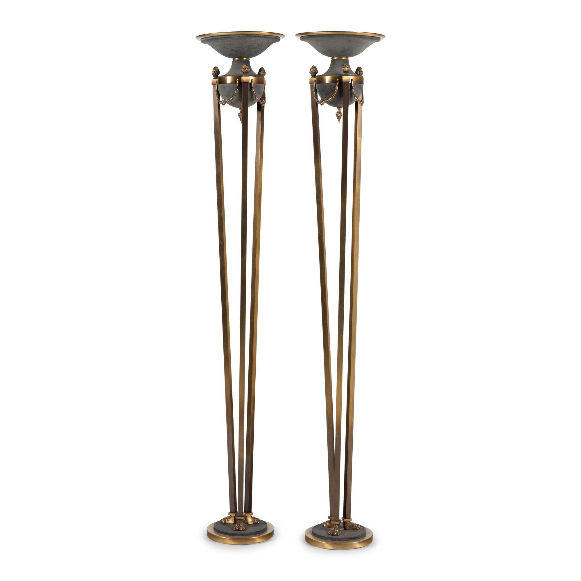 A Pair of Empire Style Brass and Glass Floor Lamps