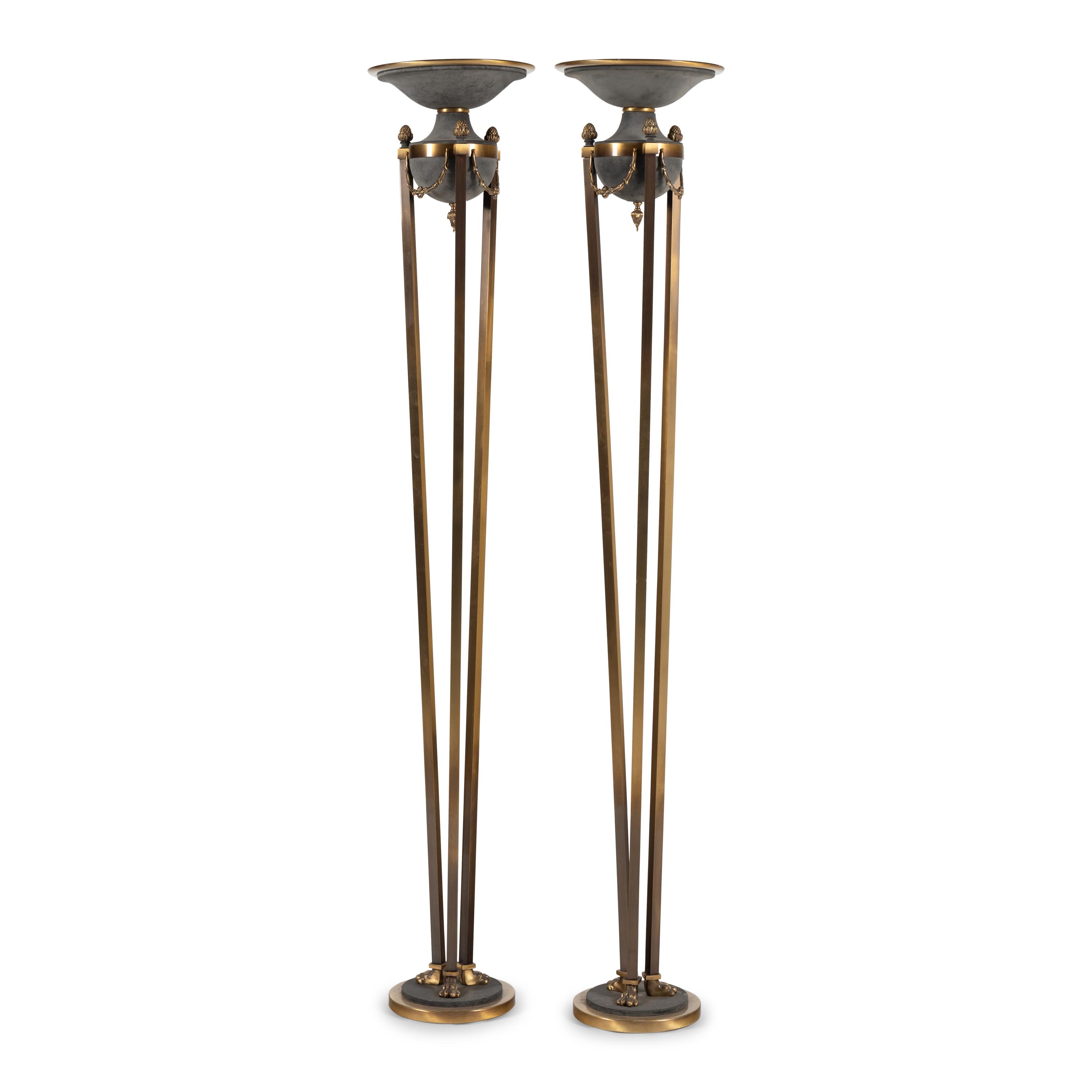 A Pair of Empire Style Brass and Glass Floor Lamps
