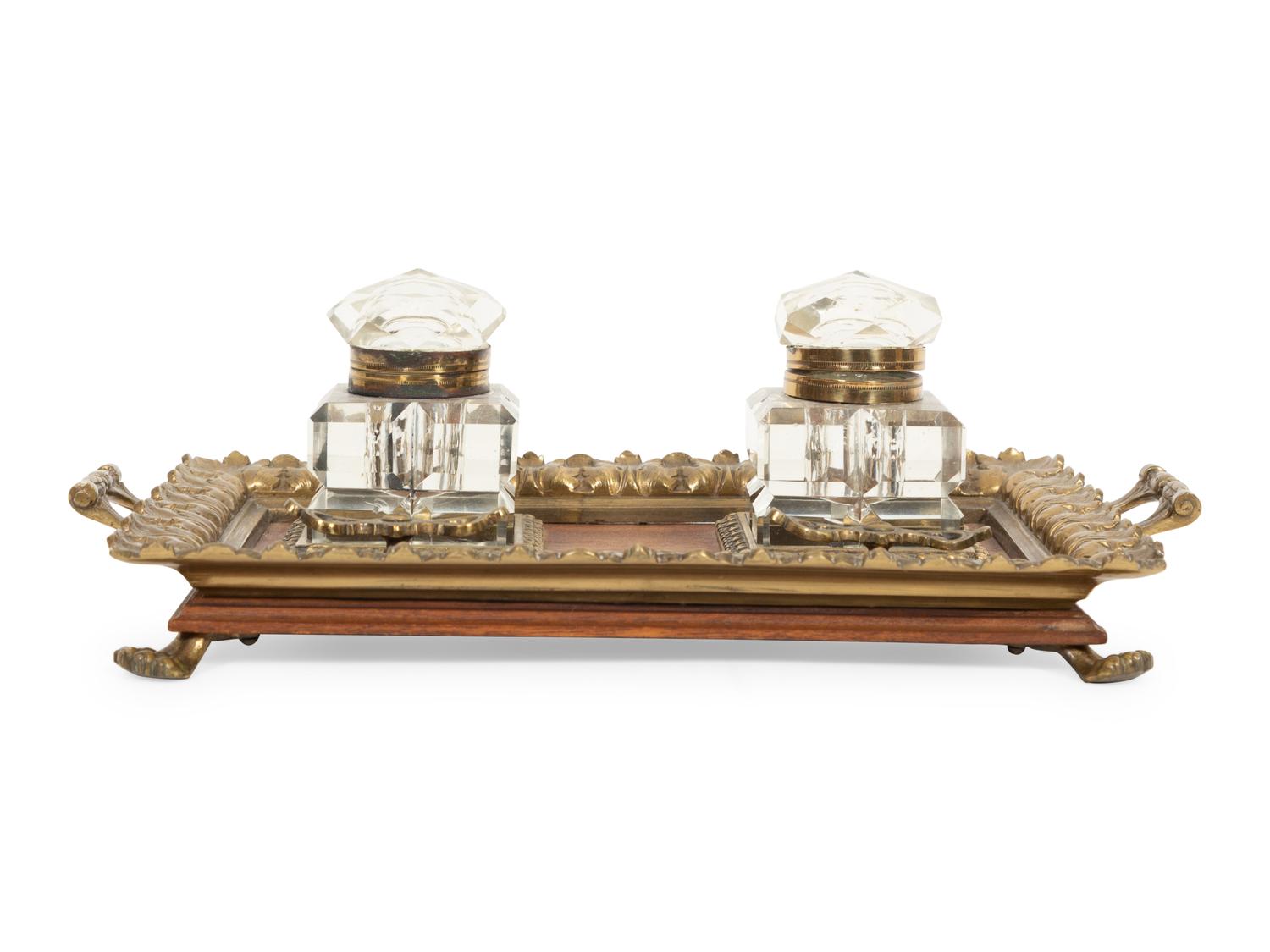 An English Gilt Bronze and Mahogany Standish