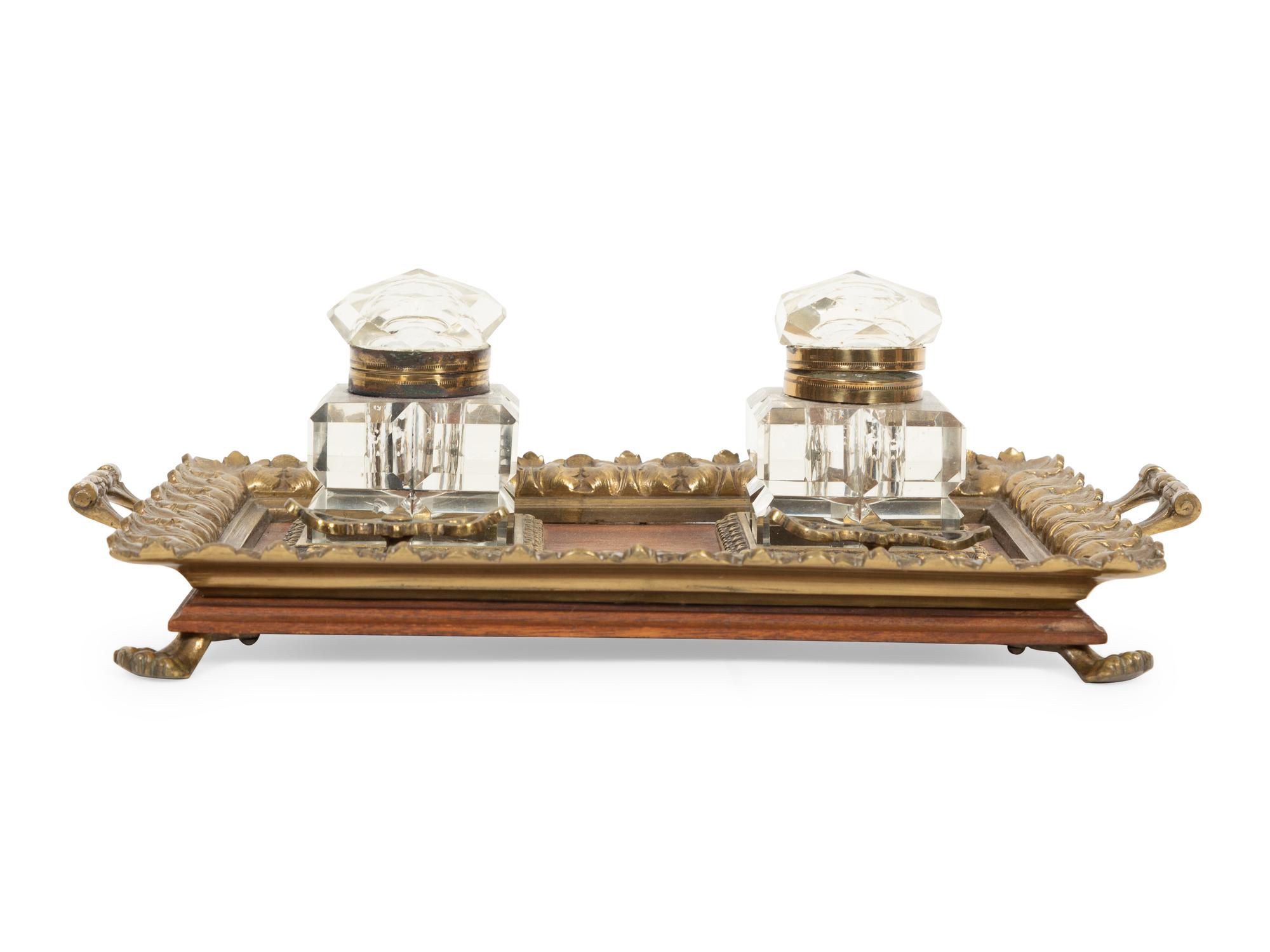An English Gilt Bronze and Mahogany Standish