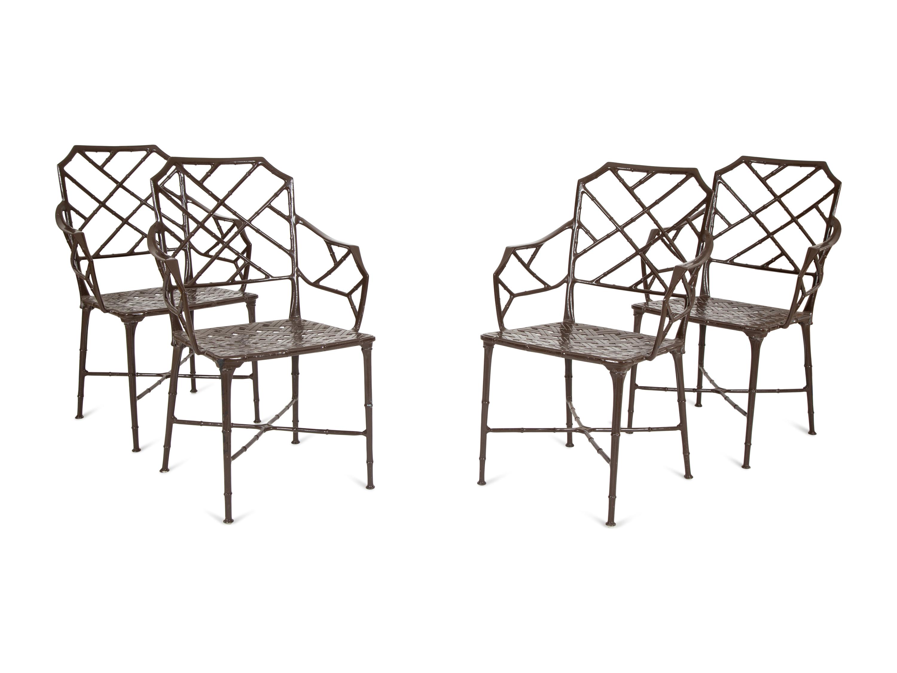 A Set of Eight Cast and Brown-Painted Aluminum Armchairs