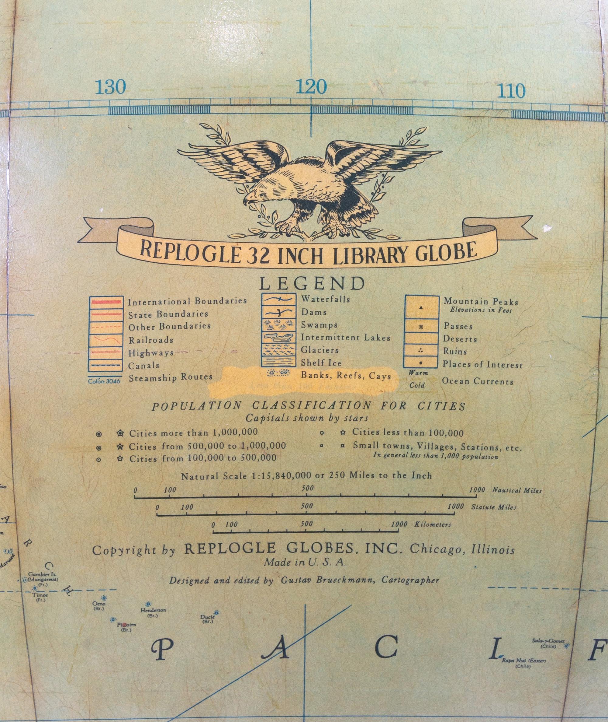 An American 32-Inch Library Globe Height 50 x diameter of globe 32 inches. — REPLOGLE GLOBES INC., CHICAGO, SECOND QUARTER TO MID-20TH CENTURY