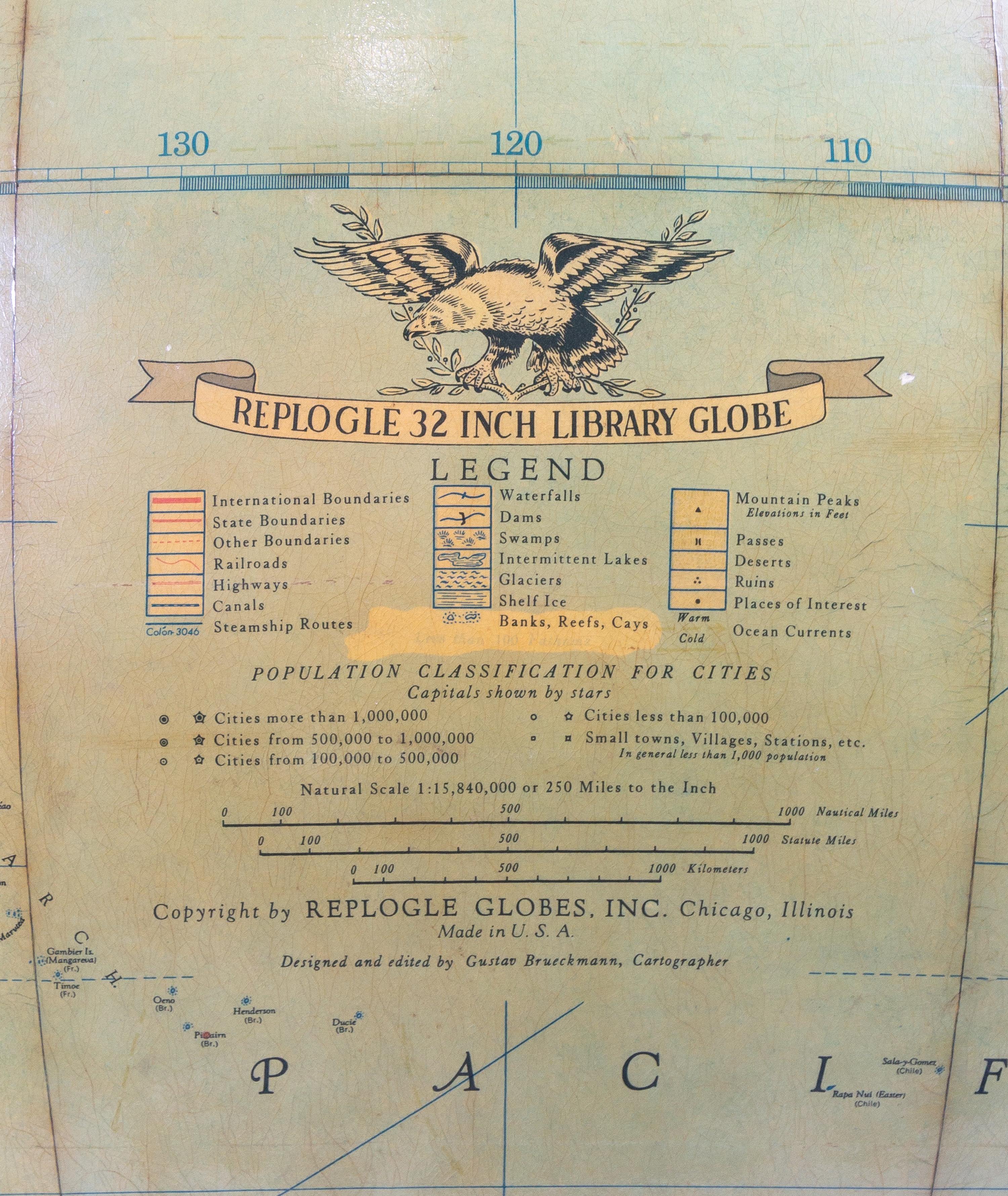 An American 32-Inch Library Globe Height 50 x diameter of globe 32 inches. — REPLOGLE GLOBES INC., CHICAGO, SECOND QUARTER TO MID-20TH CENTURY