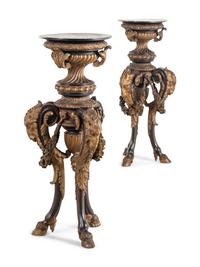 A Pair of Unusual Continental Carved Giltwood and Polychrome Jardini è re Stands