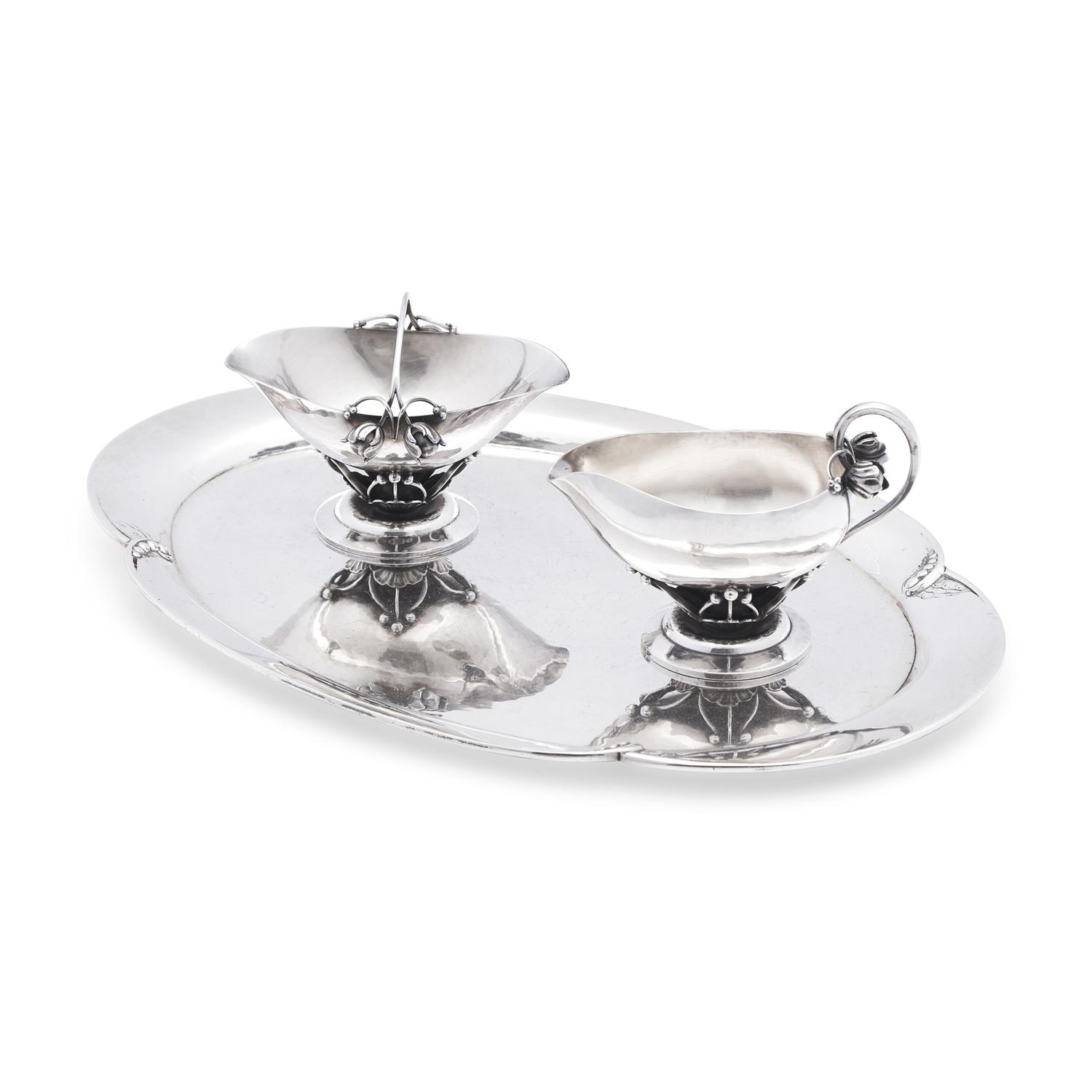 A Georg Jensen Silver Creamer and Sugar with Tray