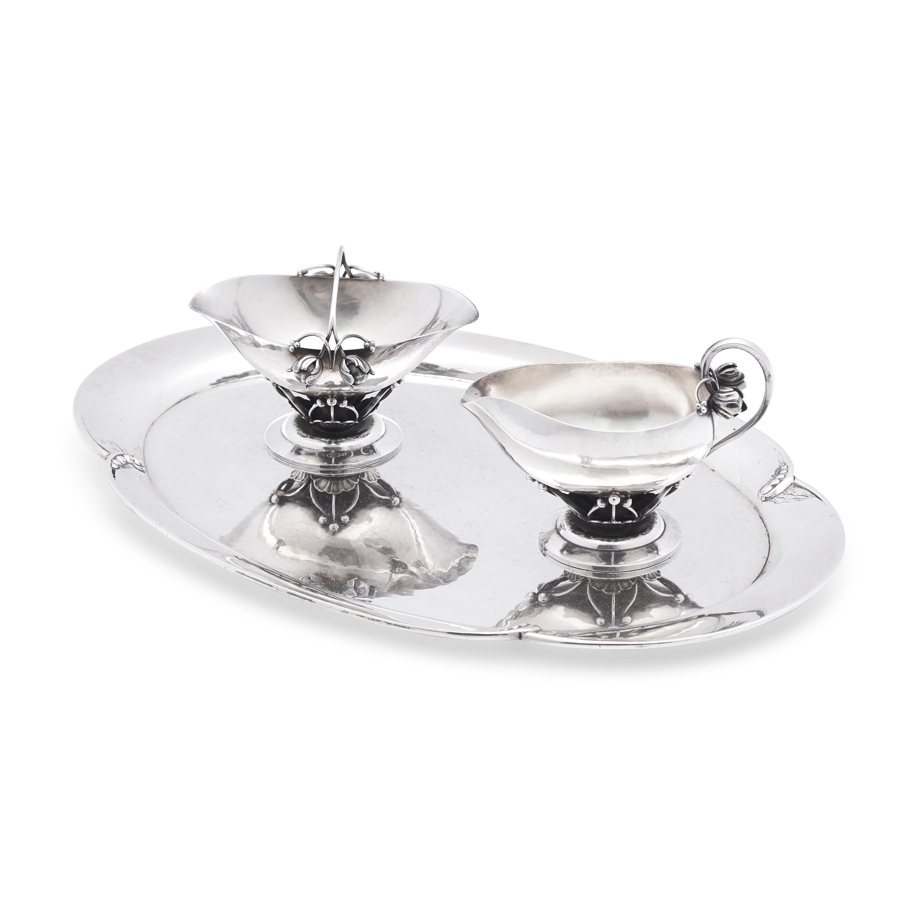 A Georg Jensen Silver Creamer and Sugar with Tray