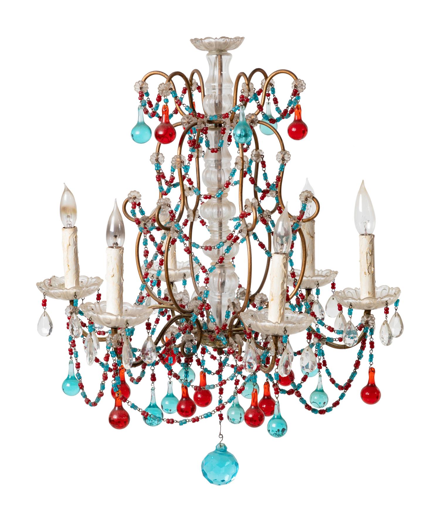 A Beaded and Cased Glass Six-Light Chandelier