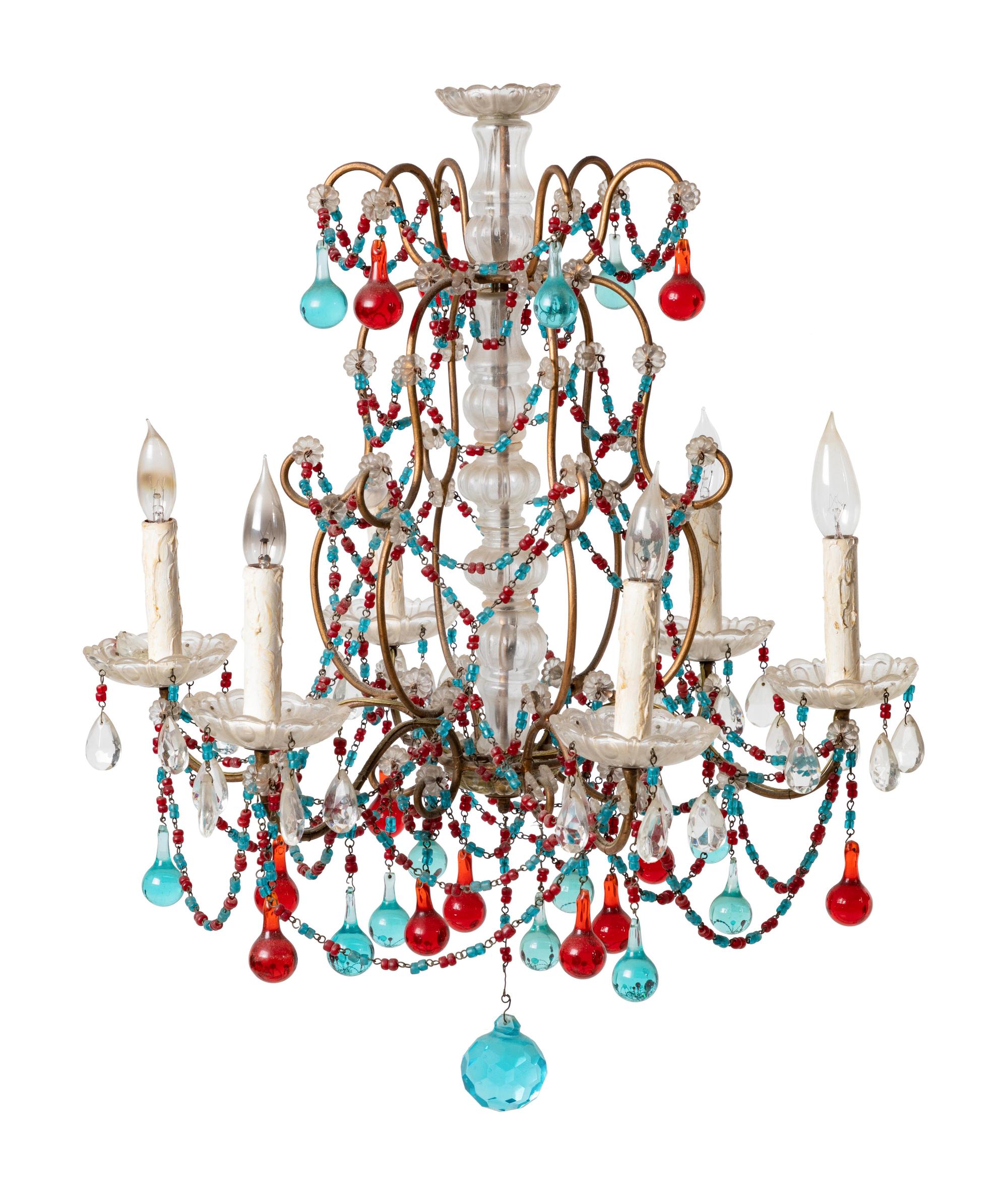 A Beaded and Cased Glass Six-Light Chandelier