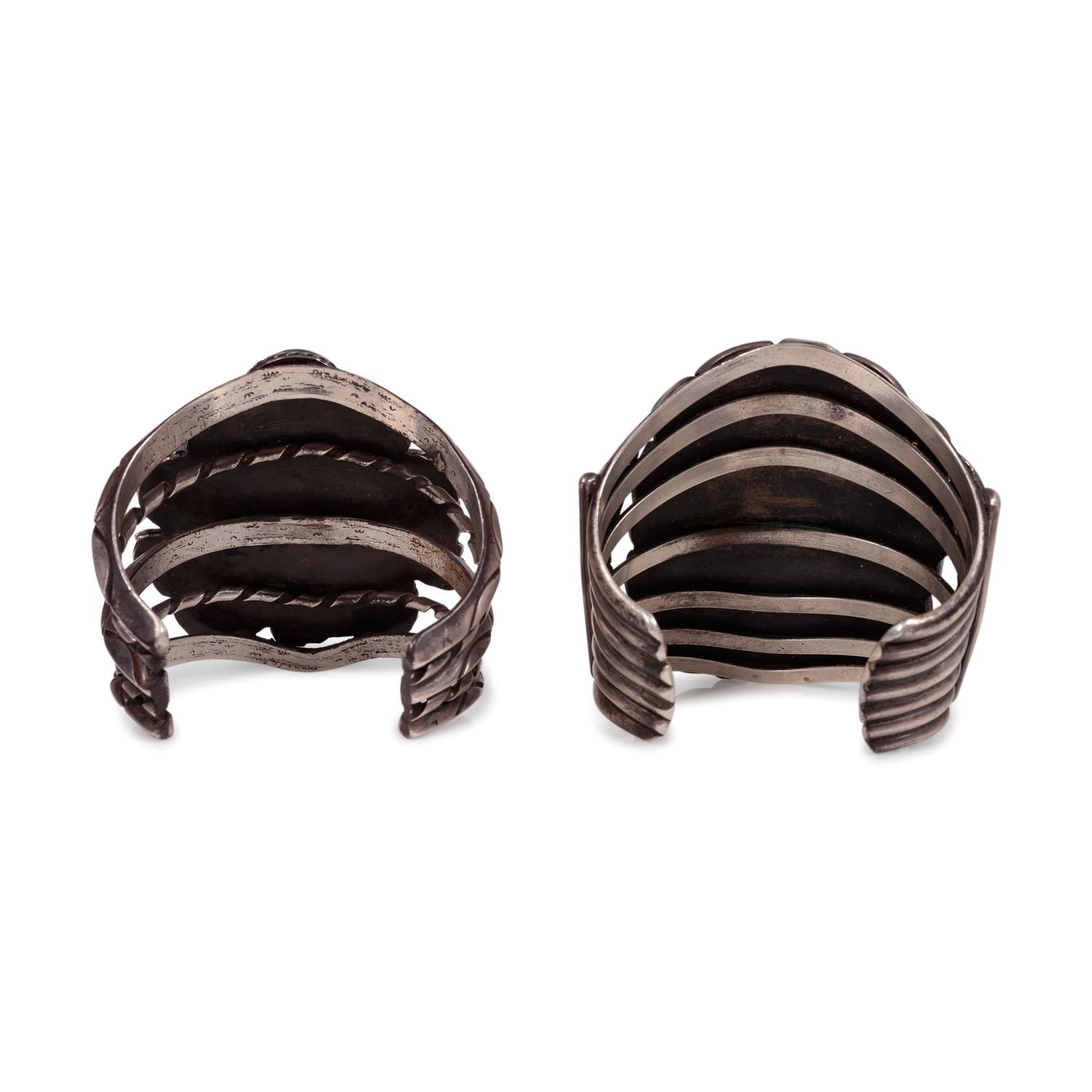 Pair of Navajo Silver and Turquoise Cluster Cuff Bracelets