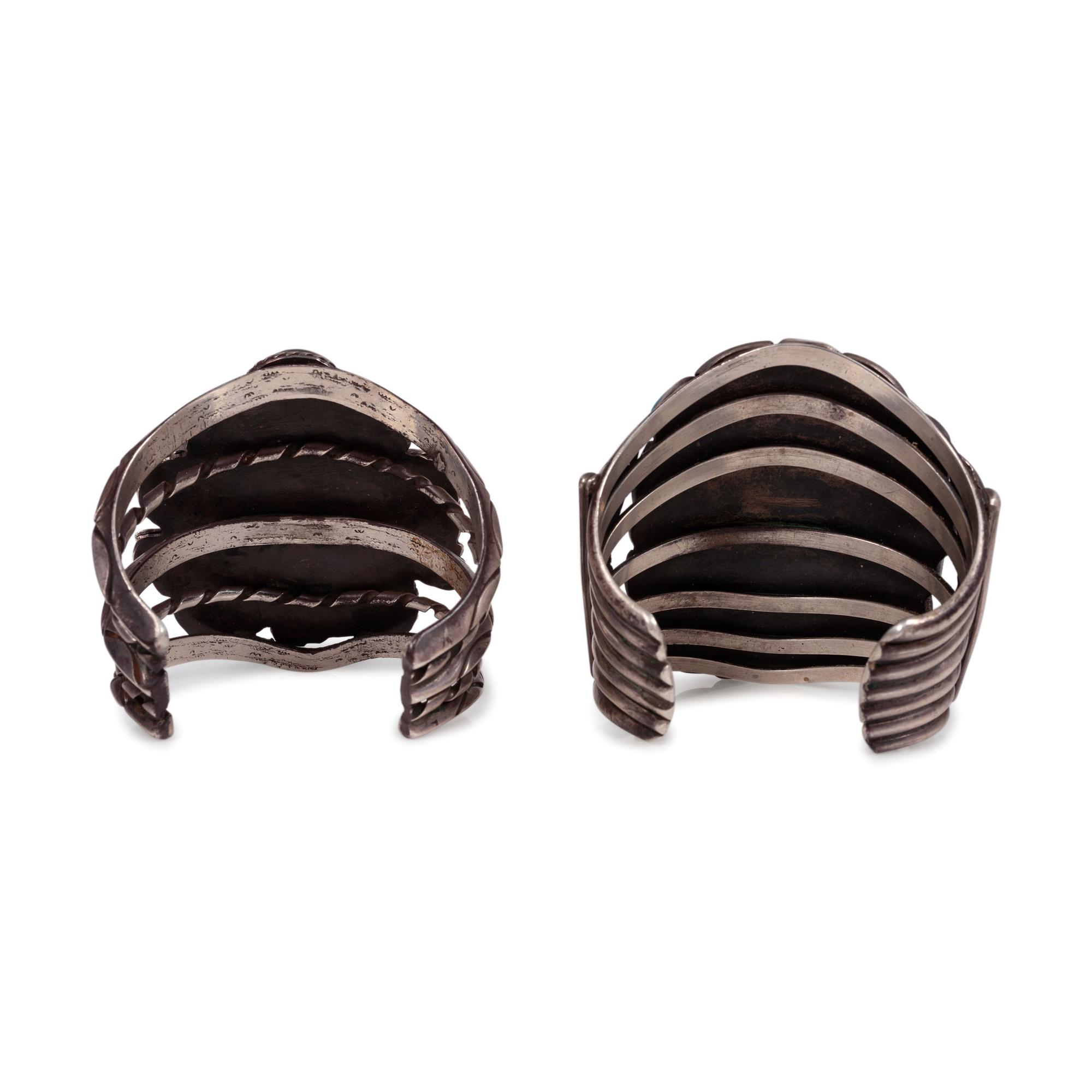 Pair of Navajo Silver and Turquoise Cluster Cuff Bracelets
