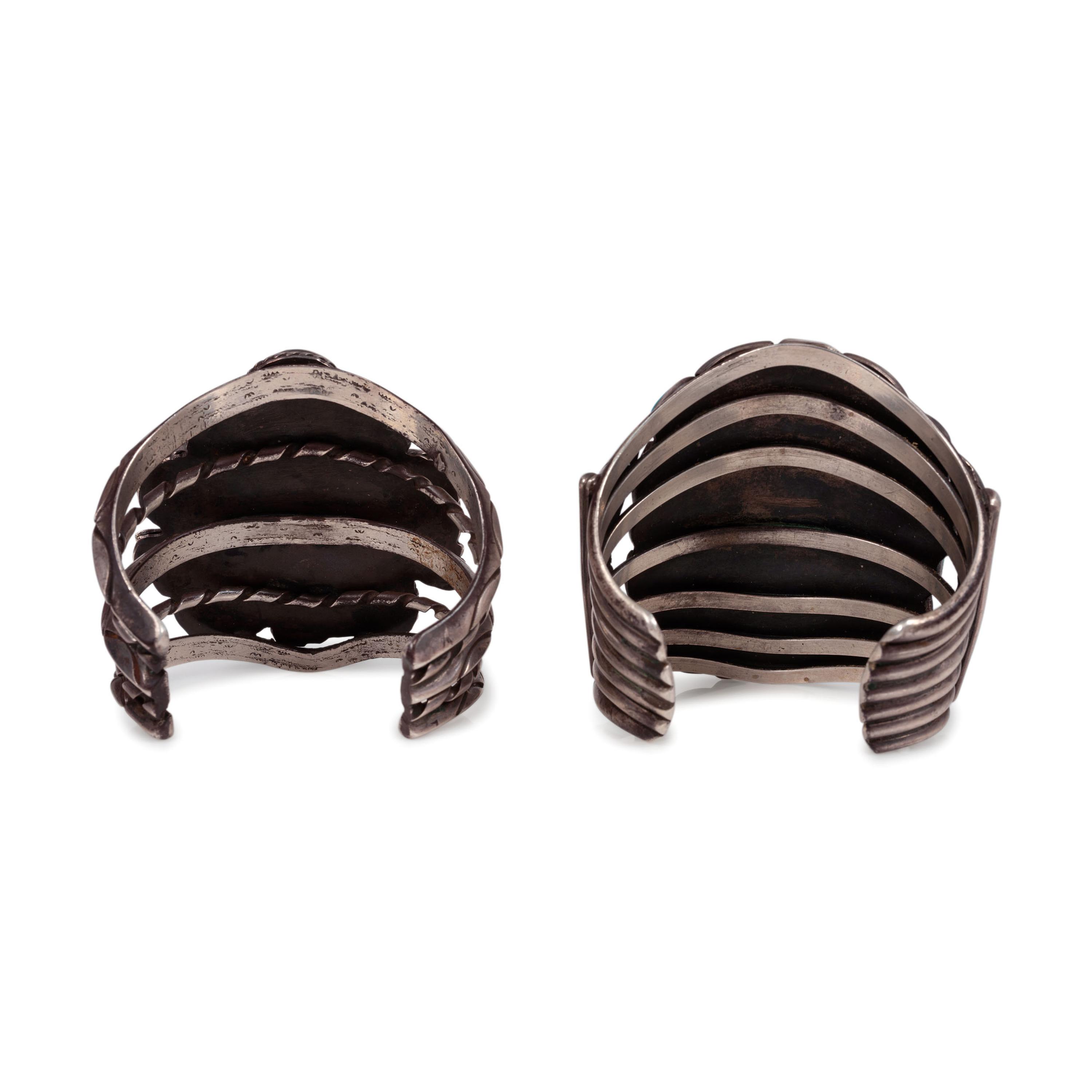 Pair of Navajo Silver and Turquoise Cluster Cuff Bracelets
