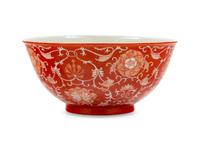 A Reverse-Decorated Coral-Ground Porcelain Bowl