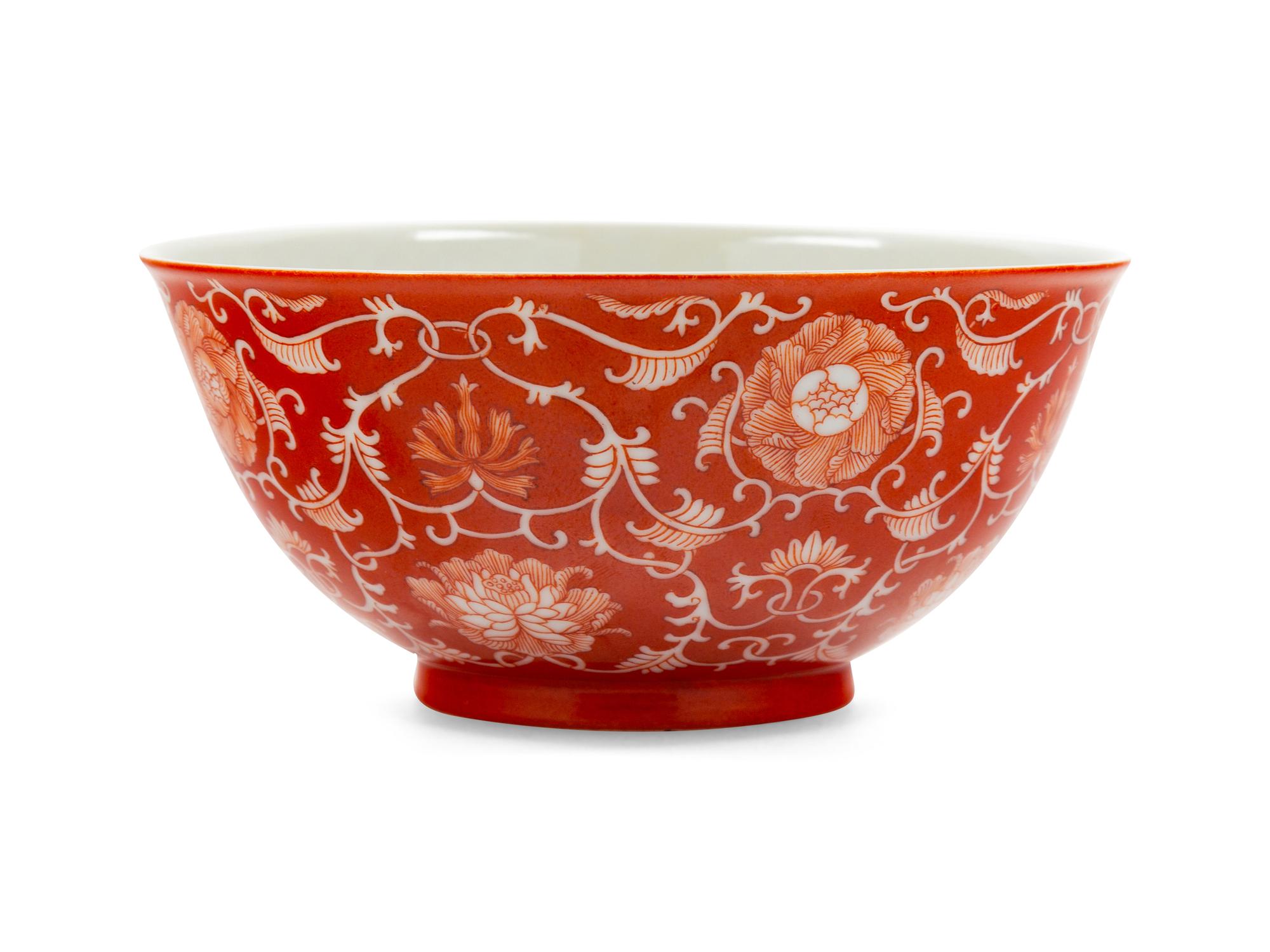 A Reverse-Decorated Coral-Ground Porcelain Bowl