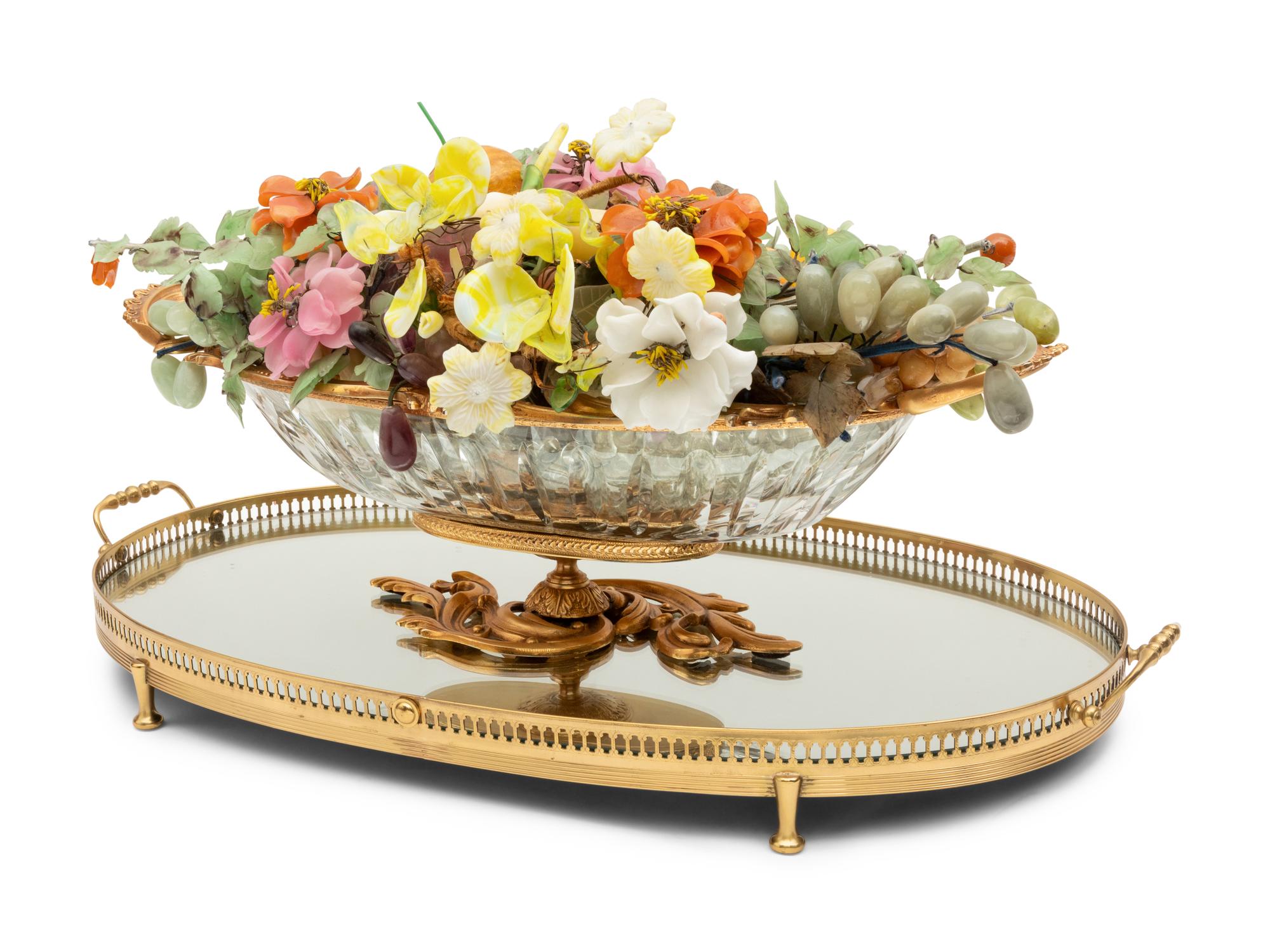 A French Gilt Bronze and Cut Glass Centerpiece Bowl with a Collection of Hardstone Fruit