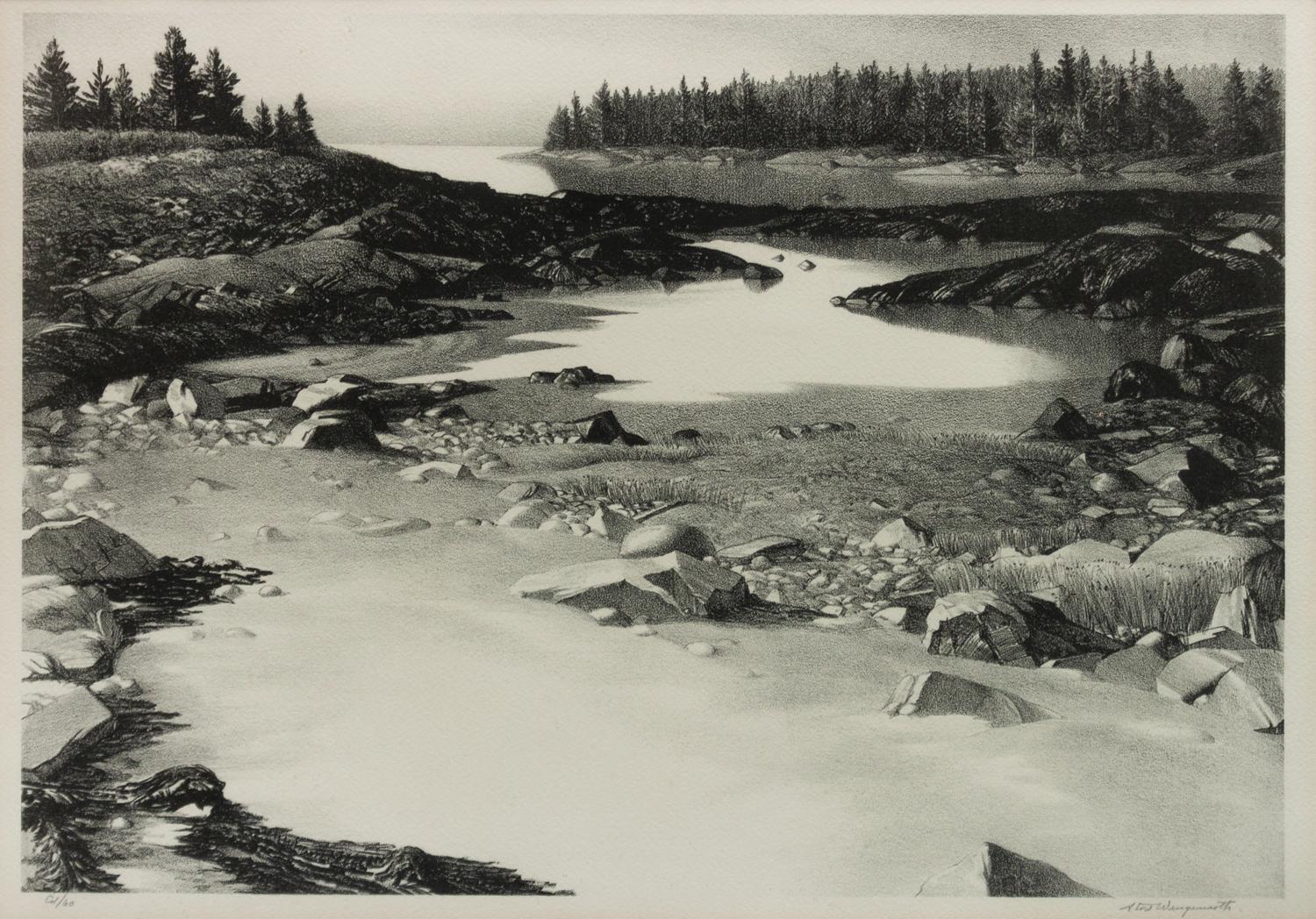 A group of six prints of Port Clyde, Maine ( Fog Bell; Corbett's Pond , 1965; Ebb Tide , 1944; Harbor at Port Clyde , 1939; Marshall's Point , 1939; Tower Door, Marshall Point Lighthouse , 1954)
