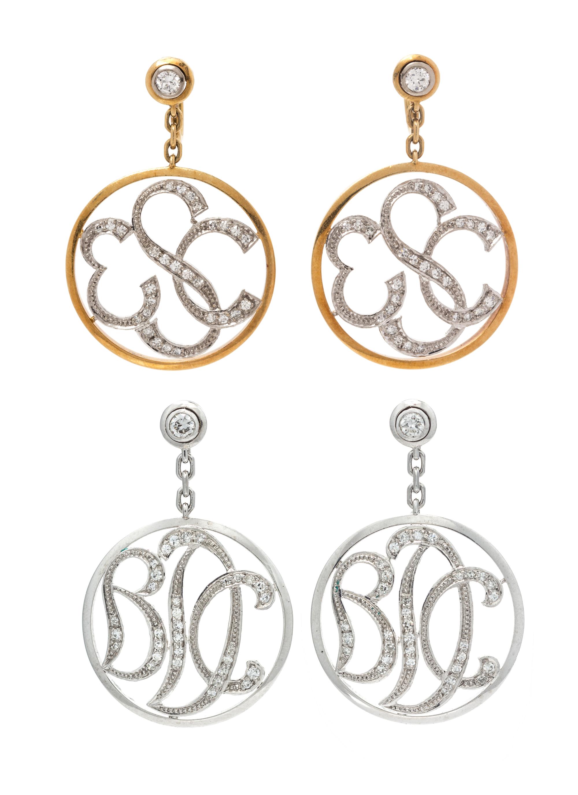 A Collection of 18 Karat Gold and Diamond Monogram Earrings, 15.10 dwts.