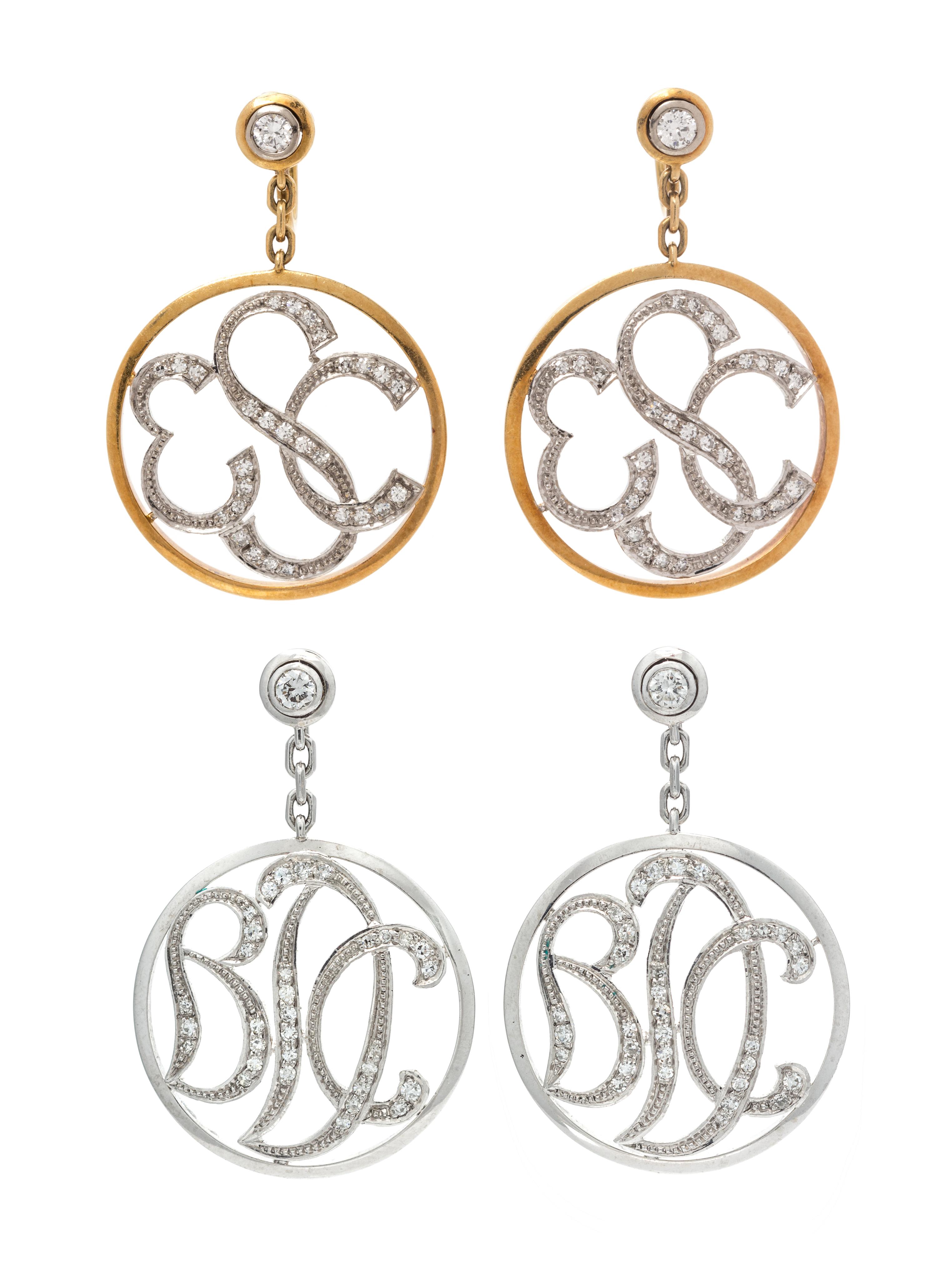 A Collection of 18 Karat Gold and Diamond Monogram Earrings, 15.10 dwts.