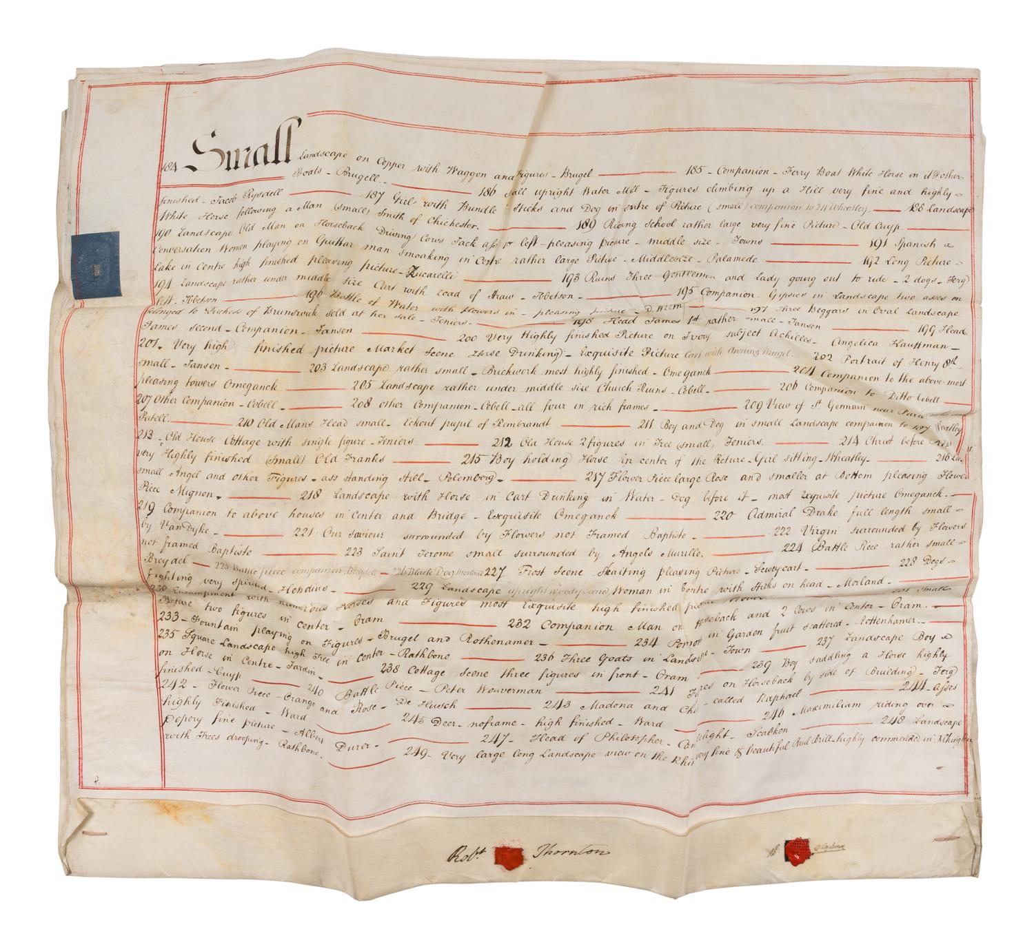 THORNTON, Robert John (1768-1837). Two partially printed indentures signed ("Robt. Thornton") to Patrick Colquhoun ("P. Colquhoun"), regarding a grant of annuity secured against Thornton's art collection to resolve his debts, 30 June - 29 July 1814.