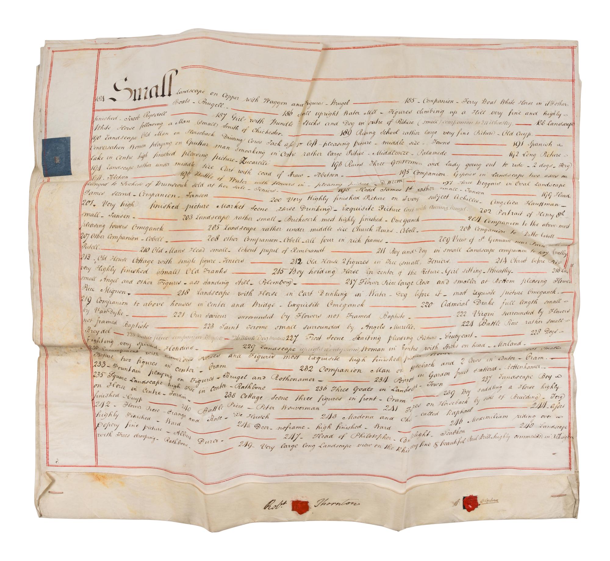 THORNTON, Robert John (1768-1837). Two partially printed indentures signed ("Robt. Thornton") to Patrick Colquhoun ("P. Colquhoun"), regarding a grant of annuity secured against Thornton's art collection to resolve his debts, 30 June - 29 July 1814.