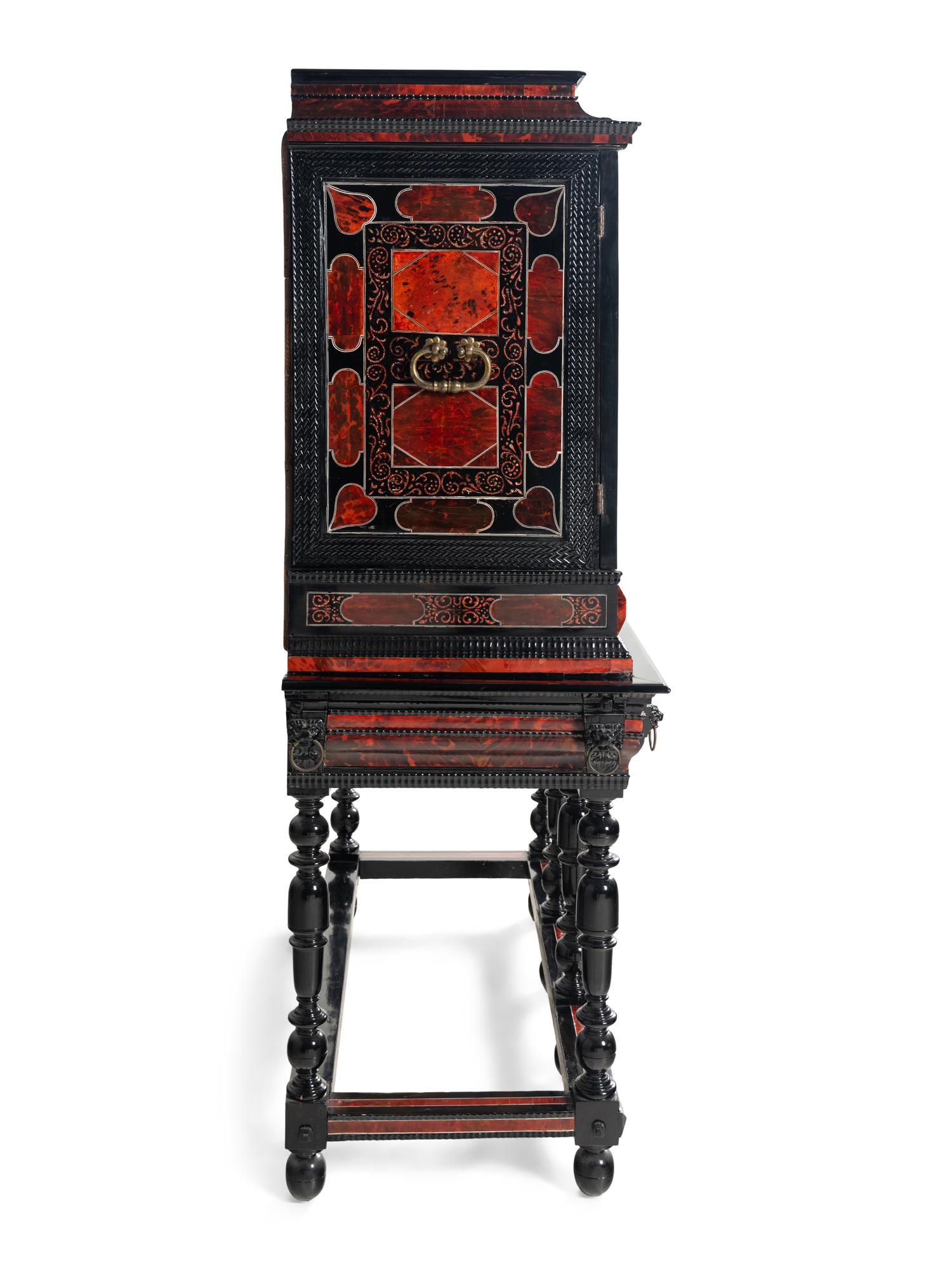 A Flemish Red Tortoise Shell, Kingwood and Ebony Cabinet on Stand
