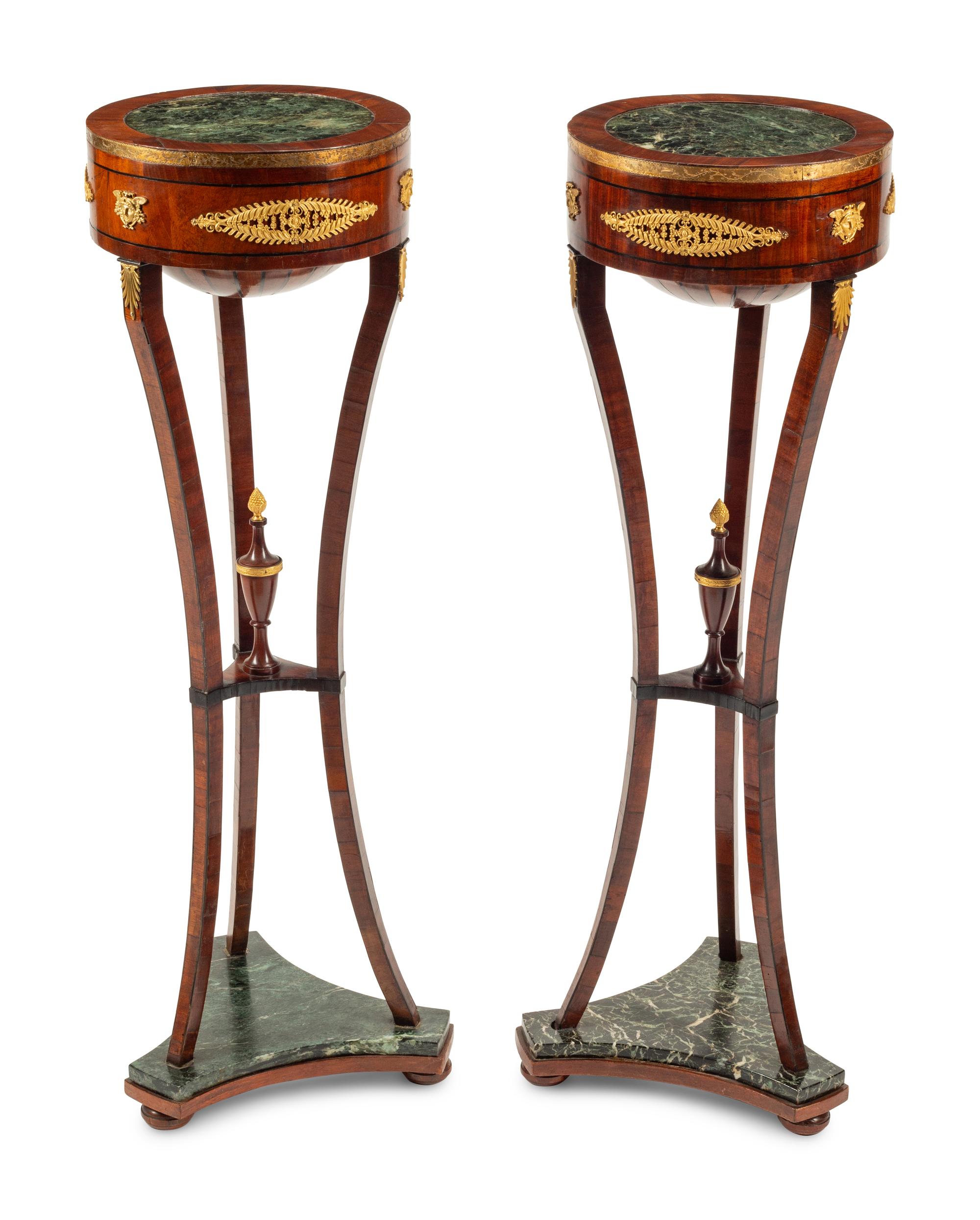 A Pair of Baltic Neoclassical Gilt Bronze Mounted Mahogany and Marble Stands
