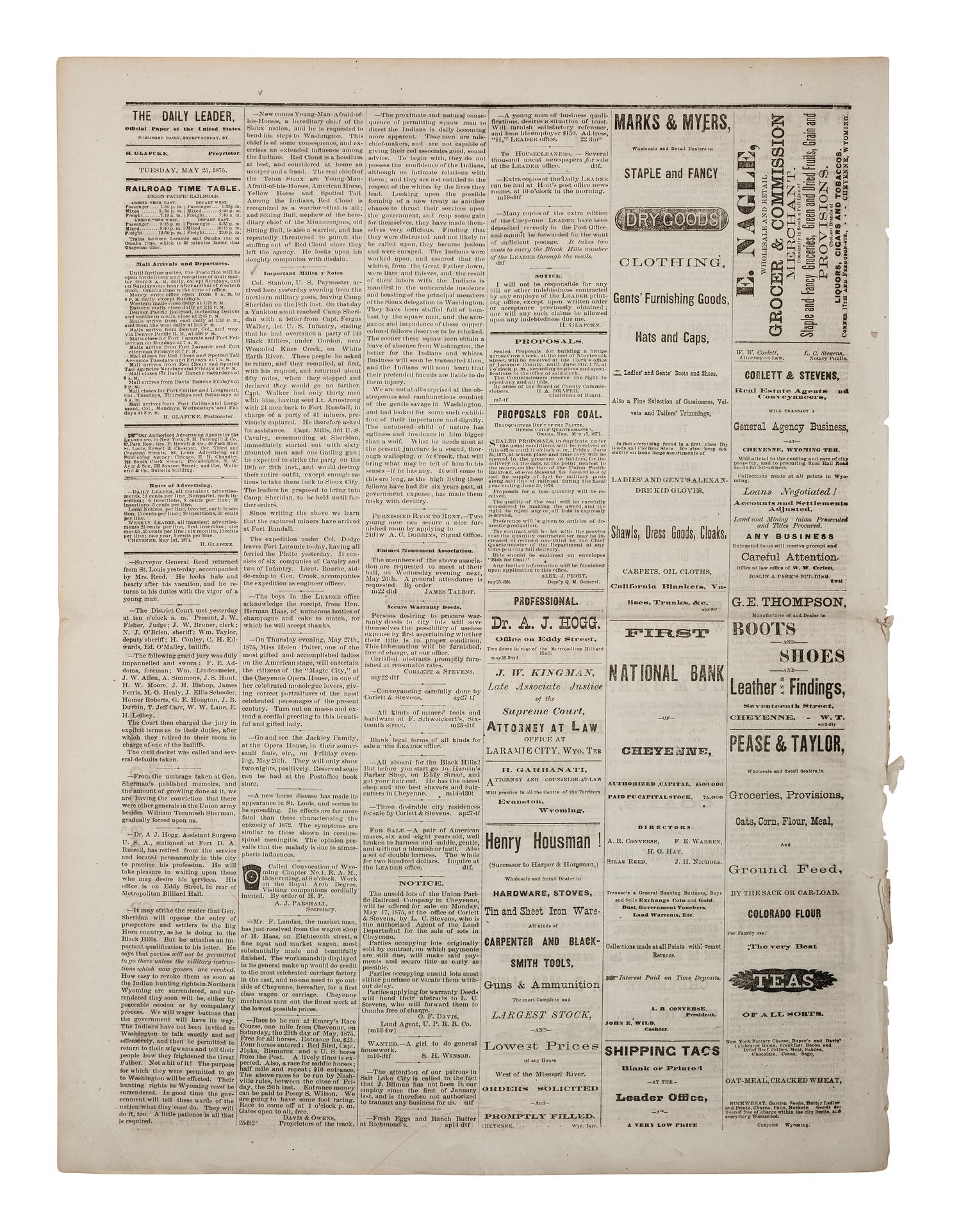 [GOLD MINING]. Cheyenne Daily Leader . Vol. VIII, No. 209. Cheyenne, Wyoming Territory: H. Glafcke, 25 May 1876. Early news report of the discovery of gold in the Black Hills.