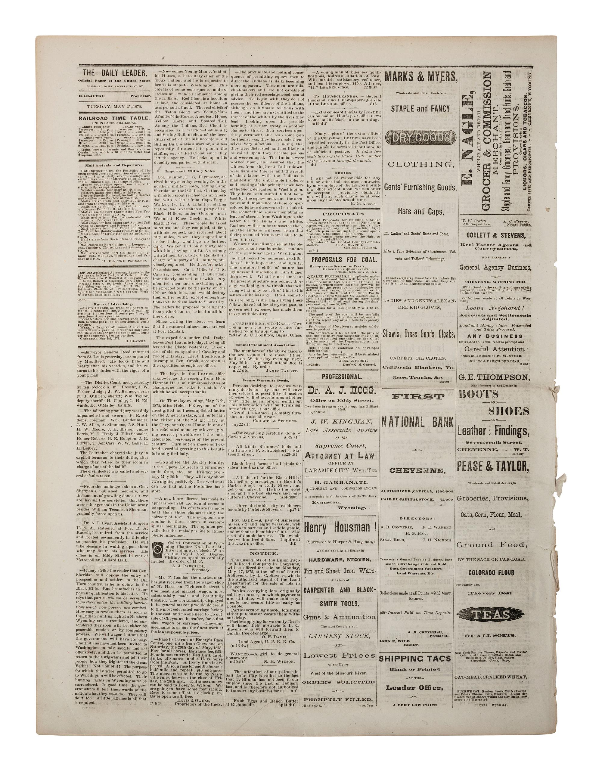 [GOLD MINING]. Cheyenne Daily Leader . Vol. VIII, No. 209. Cheyenne, Wyoming Territory: H. Glafcke, 25 May 1876. Early news report of the discovery of gold in the Black Hills.