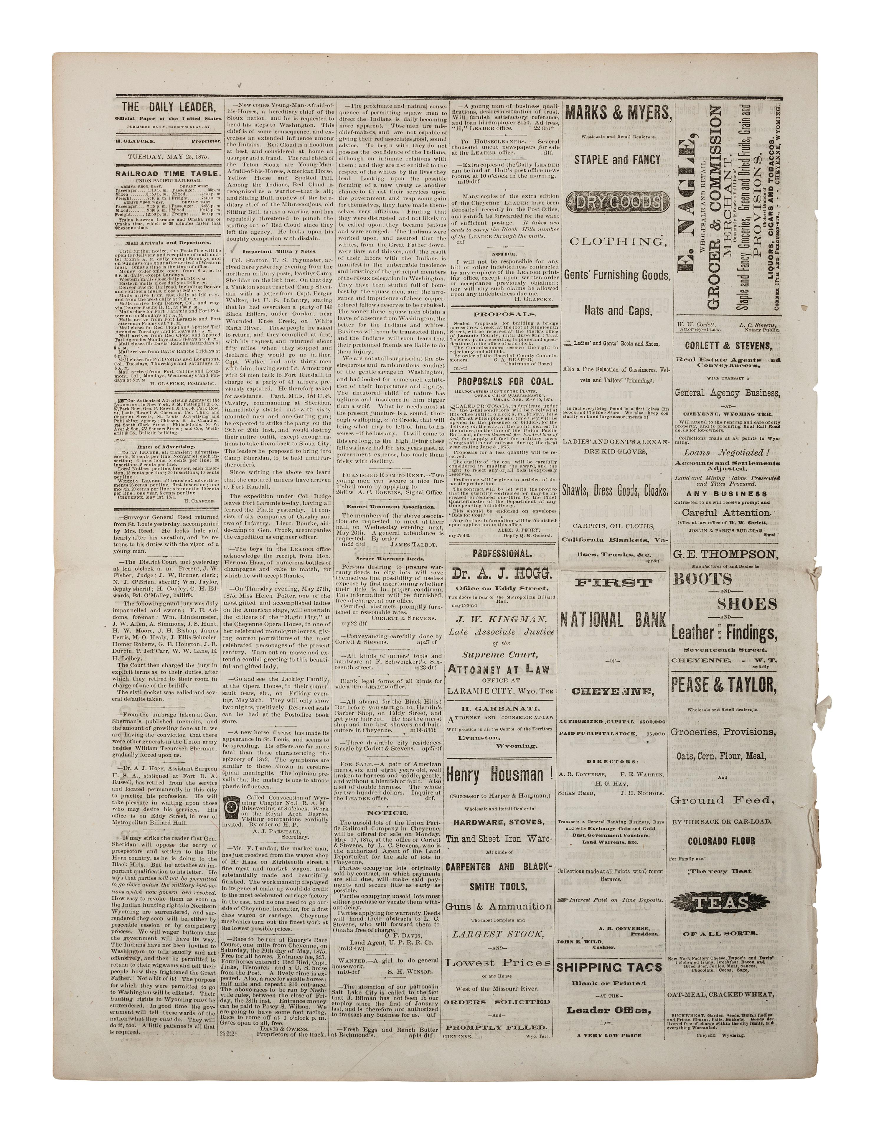 [GOLD MINING]. Cheyenne Daily Leader . Vol. VIII, No. 209. Cheyenne, Wyoming Territory: H. Glafcke, 25 May 1876. Early news report of the discovery of gold in the Black Hills.