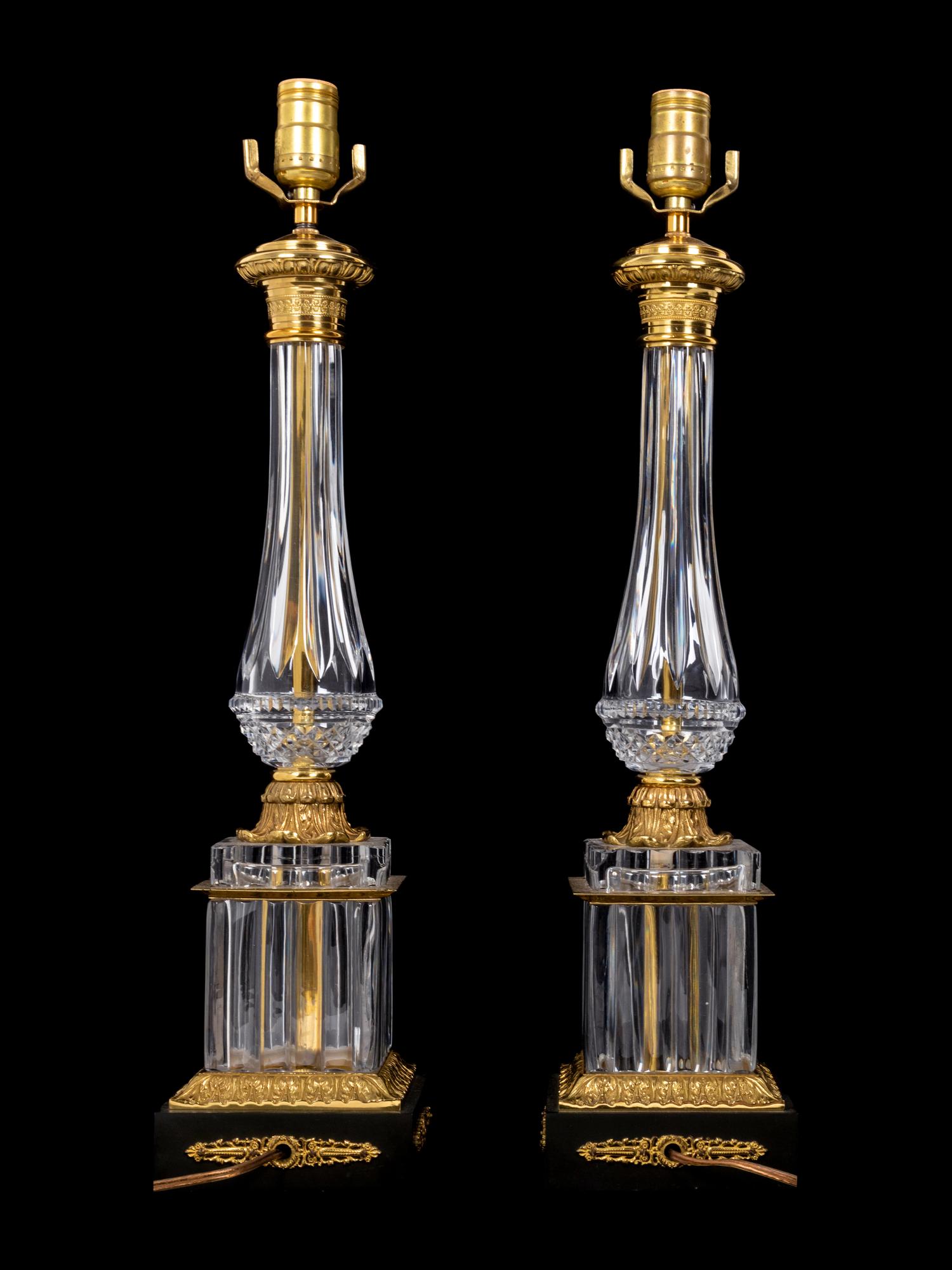 A Pair of Empire Style Gilt Metal Mounted Glass Table Lamps
