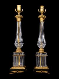 A Pair of Empire Style Gilt Metal Mounted Glass Table Lamps