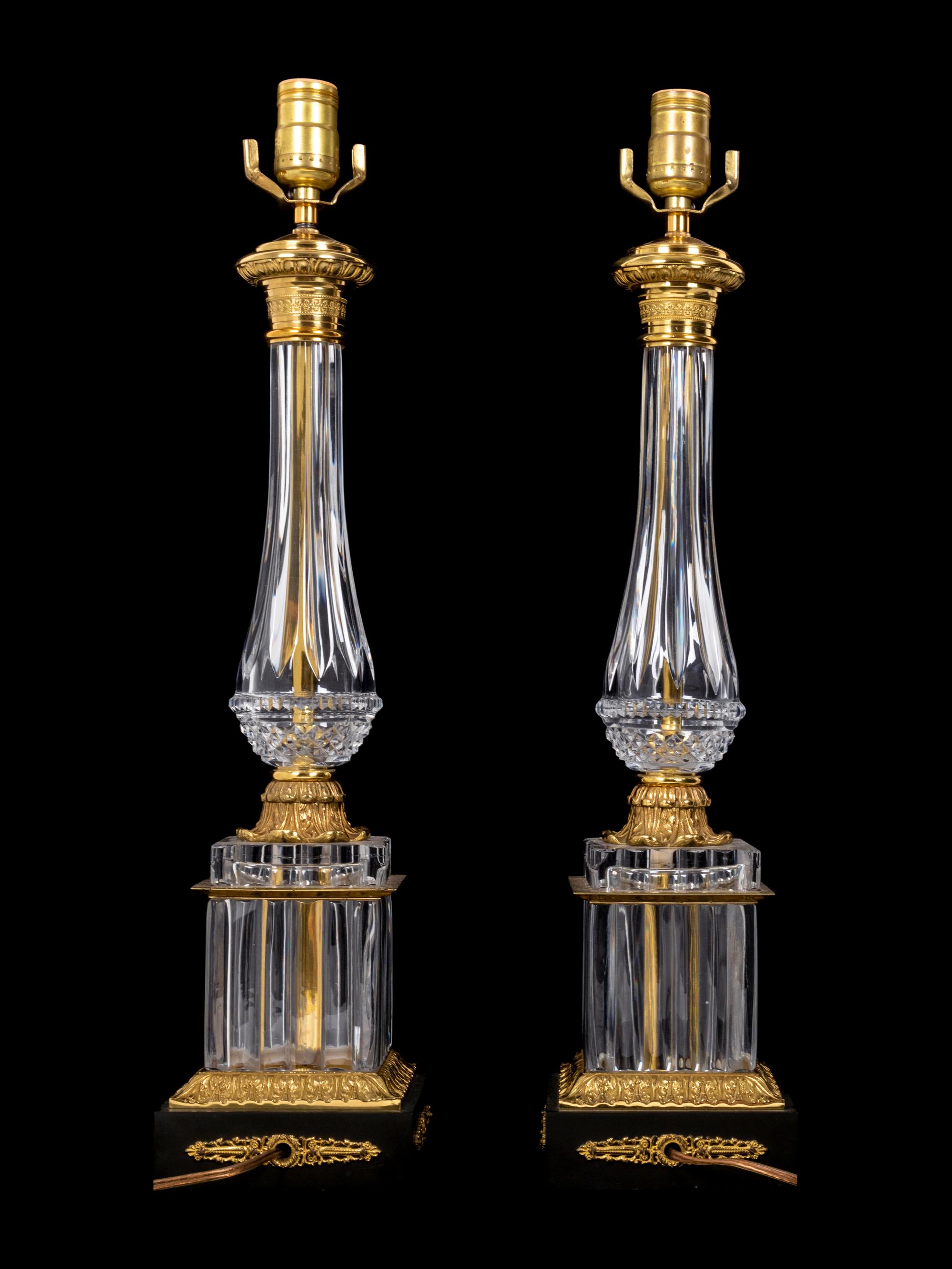 A Pair of Empire Style Gilt Metal Mounted Glass Table Lamps