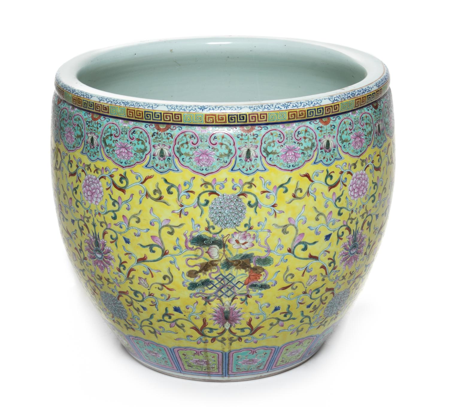 A Large Chinese Famille Jaune Porcelain Fish Bowl Height 18 1/4 inches. — 20TH CENTURY