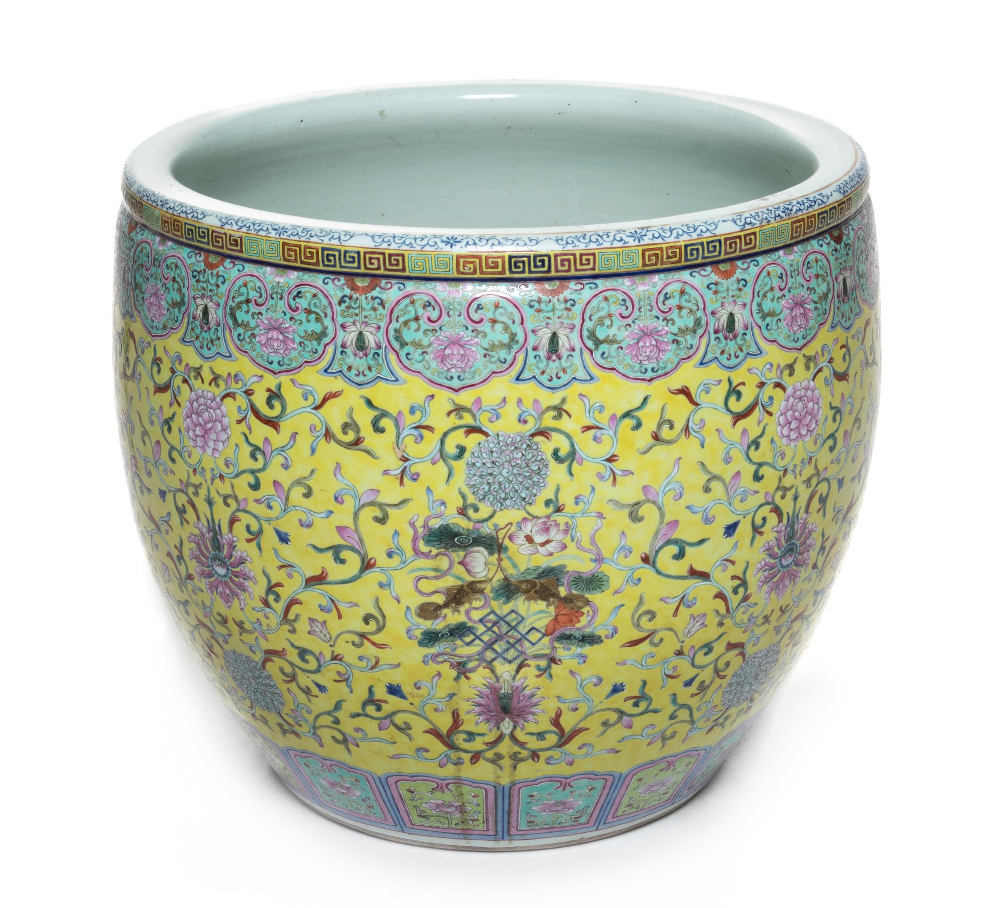 A Large Chinese Famille Jaune Porcelain Fish Bowl Height 18 1/4 inches. — 20TH CENTURY
