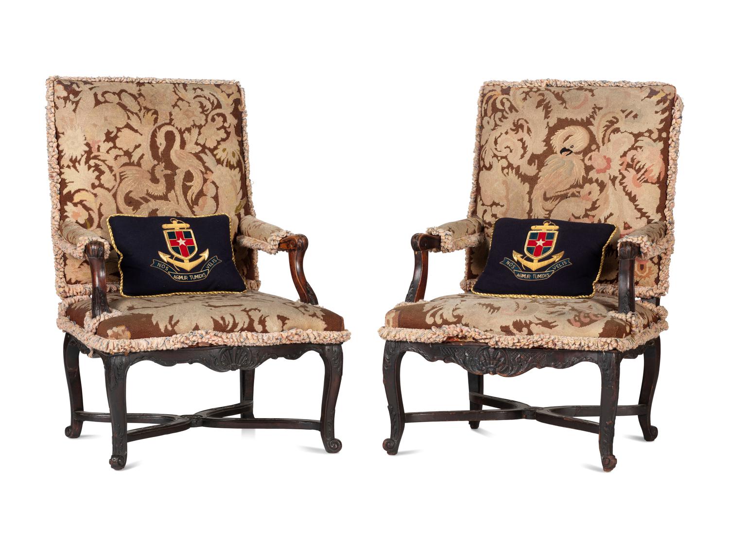 A Pair of Louis XV Style Carved Walnut Needlepoint Upholstered Fauteuils