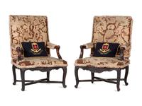 A Pair of Louis XV Style Carved Walnut Needlepoint Upholstered Fauteuils